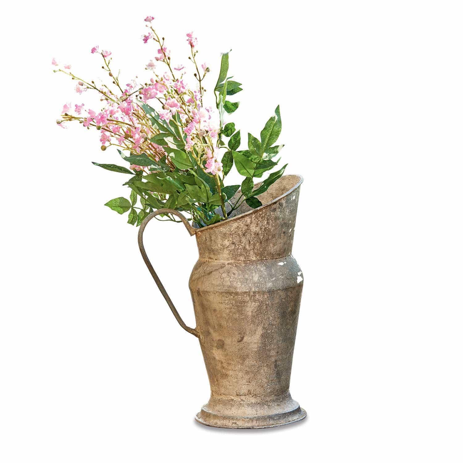 Krug Asante Vintage Metallkrug mit grünen Blättern und rosa Blumen als Dekoration für Innenräume