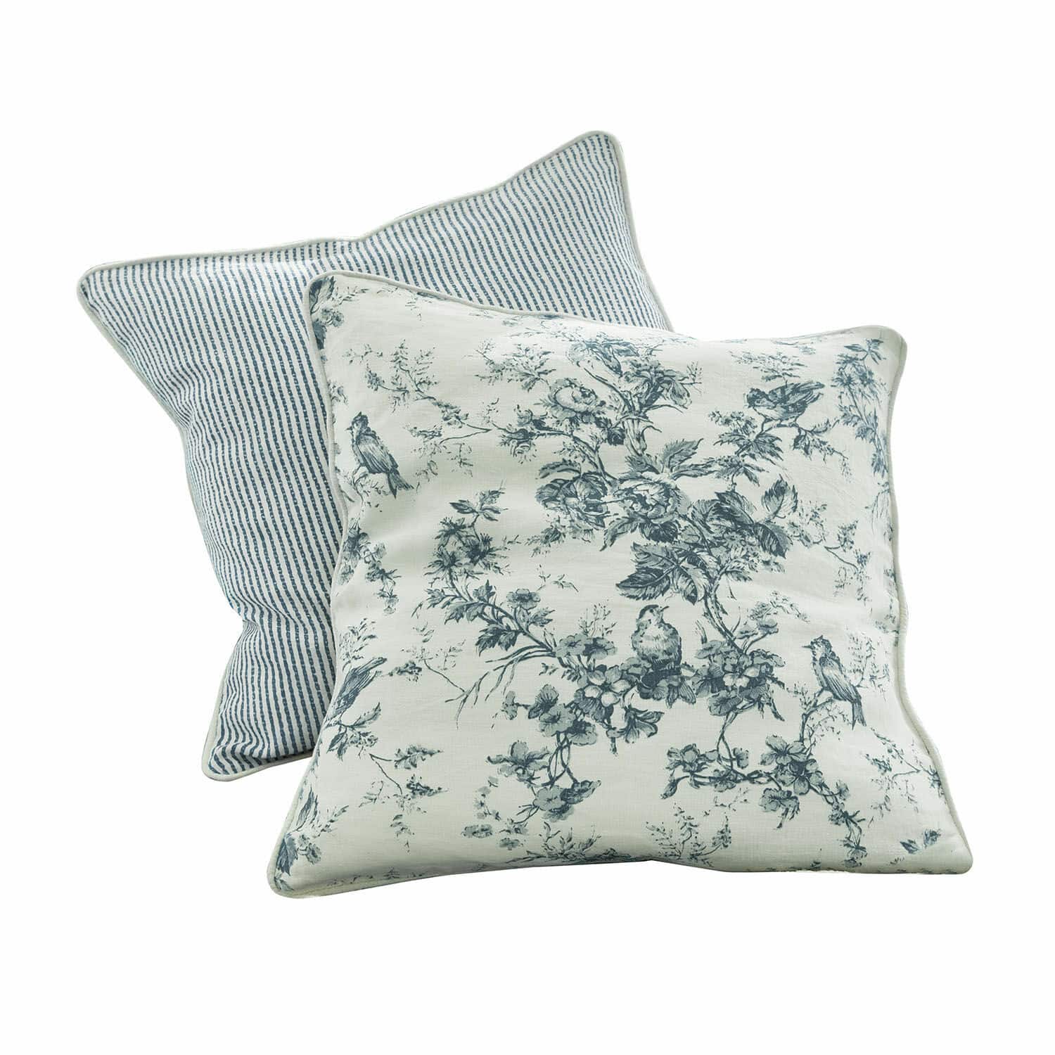 Kissen 2er Set Emilie Set aus zwei Baumwollkissen mit blauen Vogel- und Streifenmustern als Dekoration