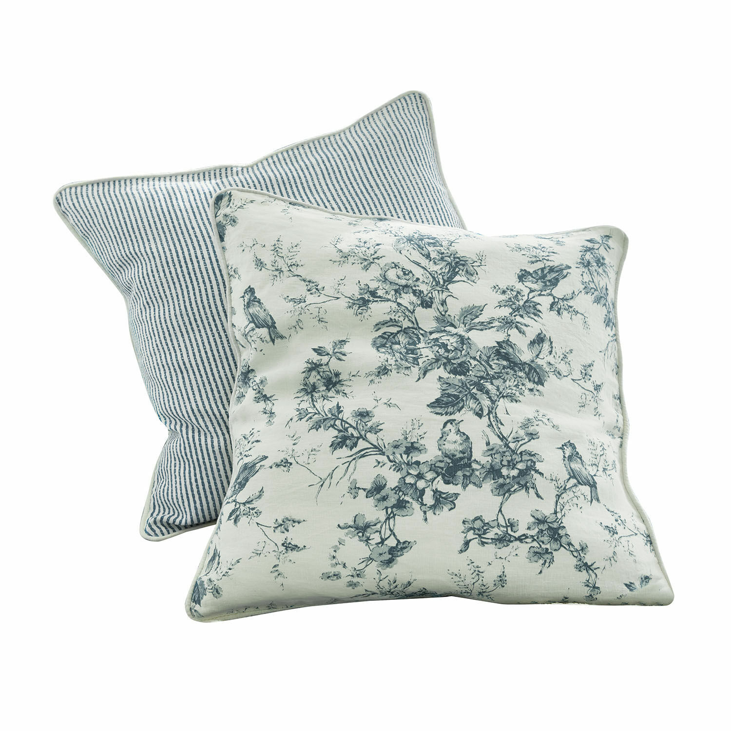 Kissen 2er Set Emilie Set aus zwei Baumwollkissen mit blauen Vogel- und Streifenmustern als Dekoration