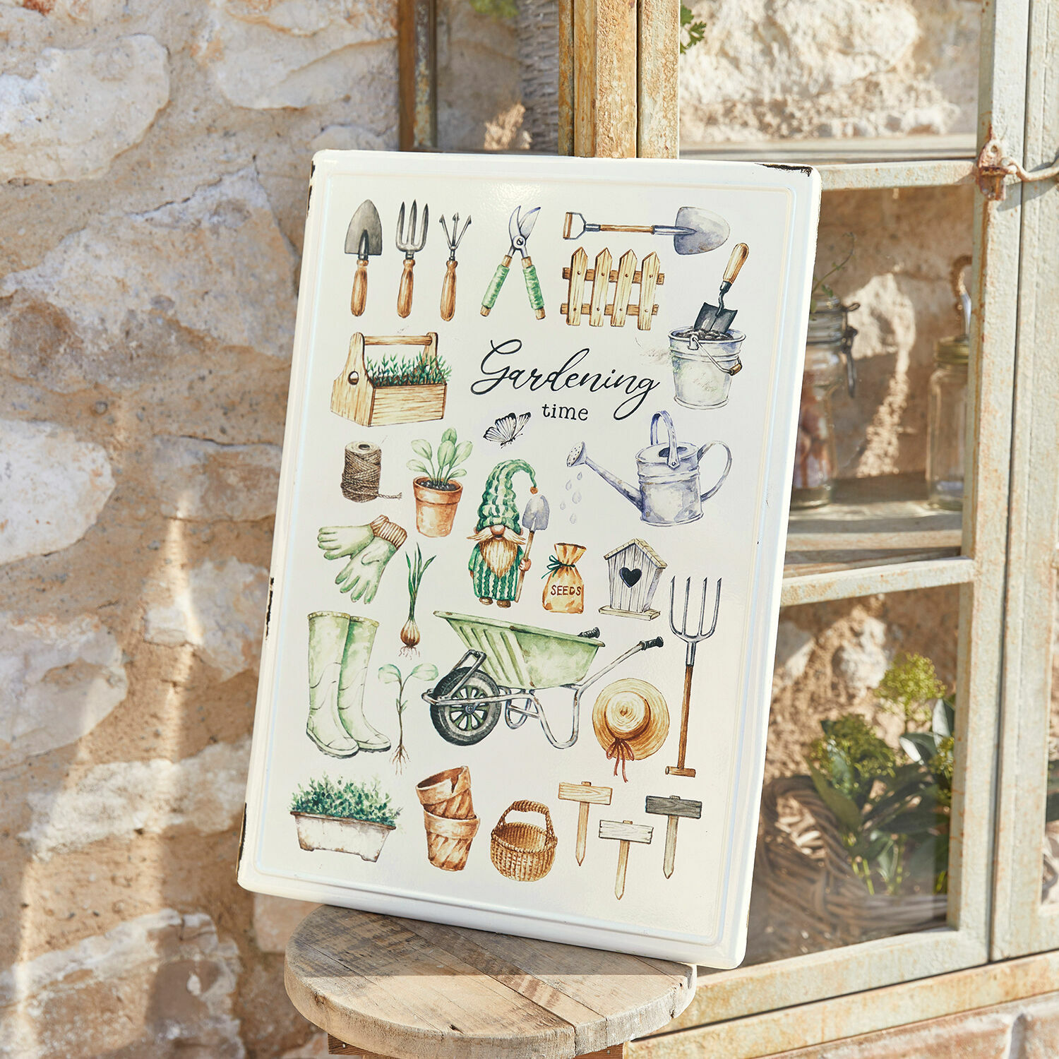 Dekoschild Whyalla Dekorative Metalltafel mit Gartenwerkzeugen und Schriftzug Gardening time in Pastellfarben