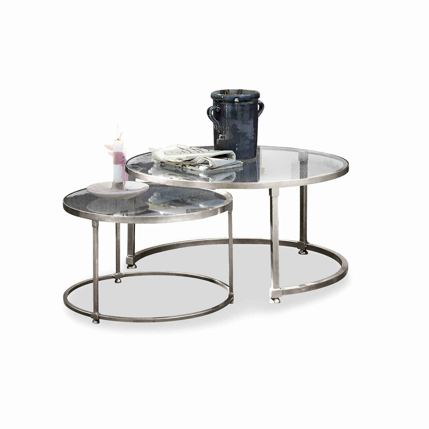 Couchtisch 2er Set Kabala Zweier-Set runder Couchtische mit Glasplatte und silbernem Metallgestell für Wohnzimmer