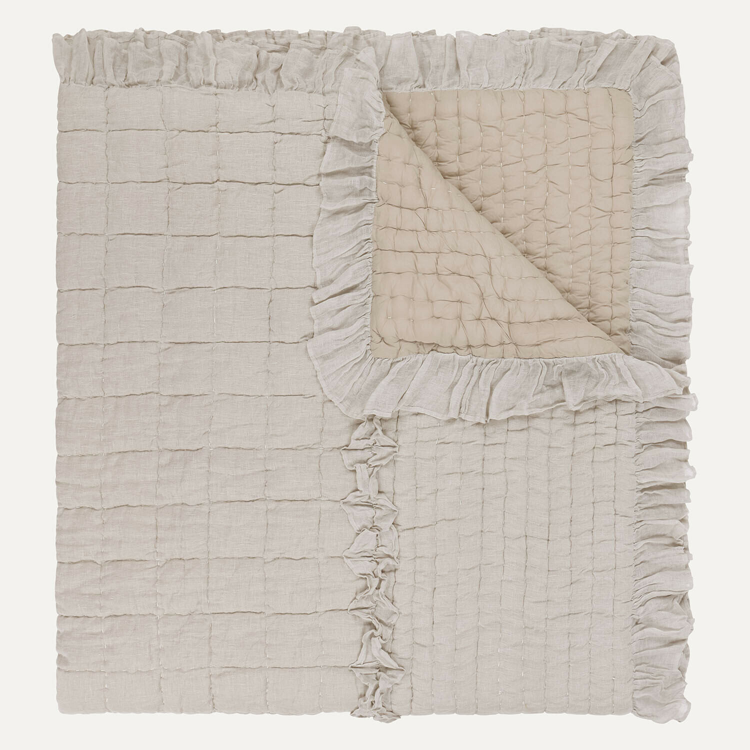 Quilt Calennent Beige gesteppte Leinenbettdecke mit Rüschen, weich und dekorativ für das Schlafzimmer