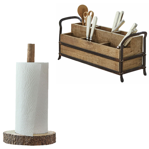 Holz-Papierhandtuchhalter mit natürlichem Holzstamm und Vintage-Metallbesteck-Organizer