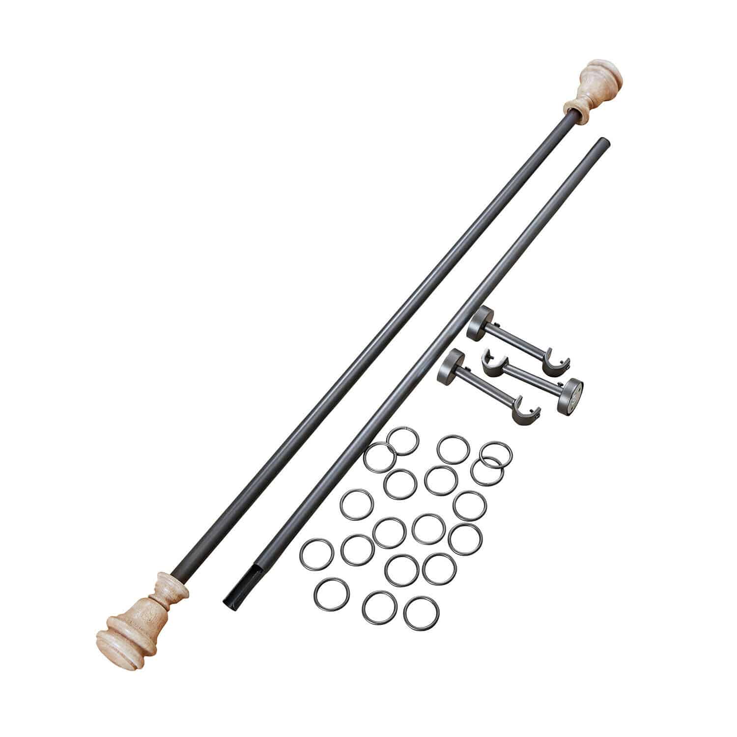 Metallvorhangstangen mit hellen Holzenden und Metallringen für Gardinenmontage