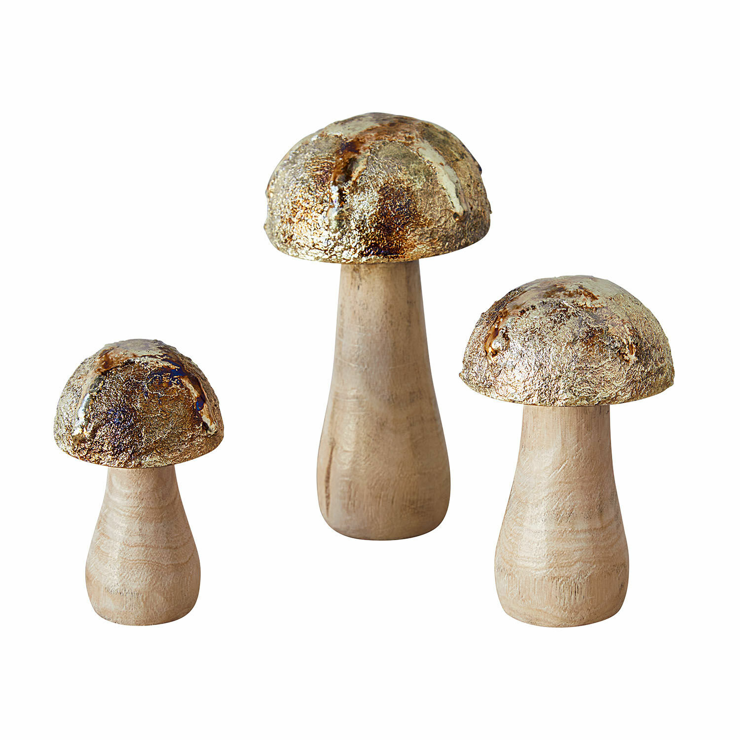 Deko-Pilz 3er Set Myrska Set aus drei dekorativen Holzpilzen mit goldfarbenen Metallkappen für Wohnraumdeko