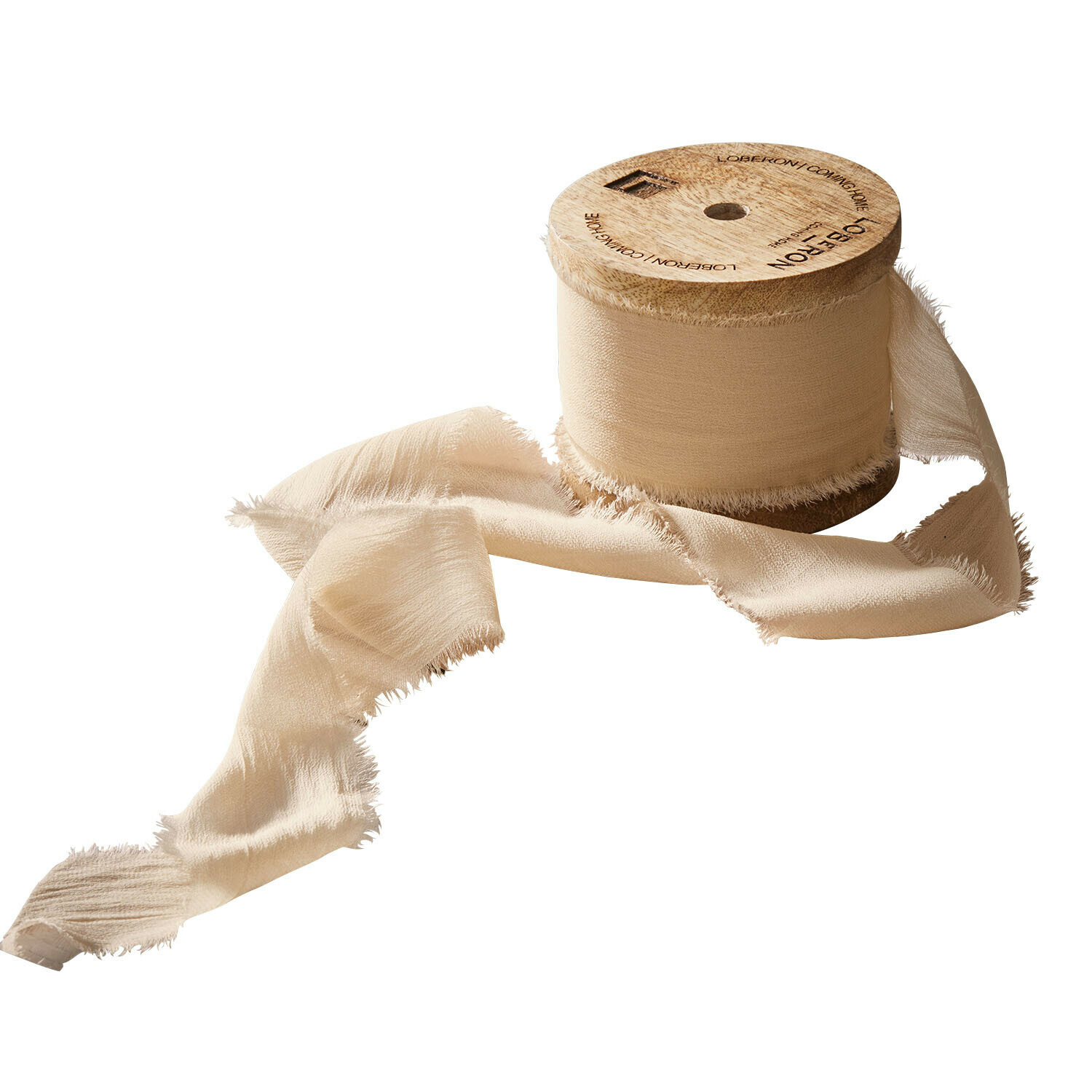 Beige Fransenband auf Holzspule, dekoratives Band für Basteln und Geschenkverpackung