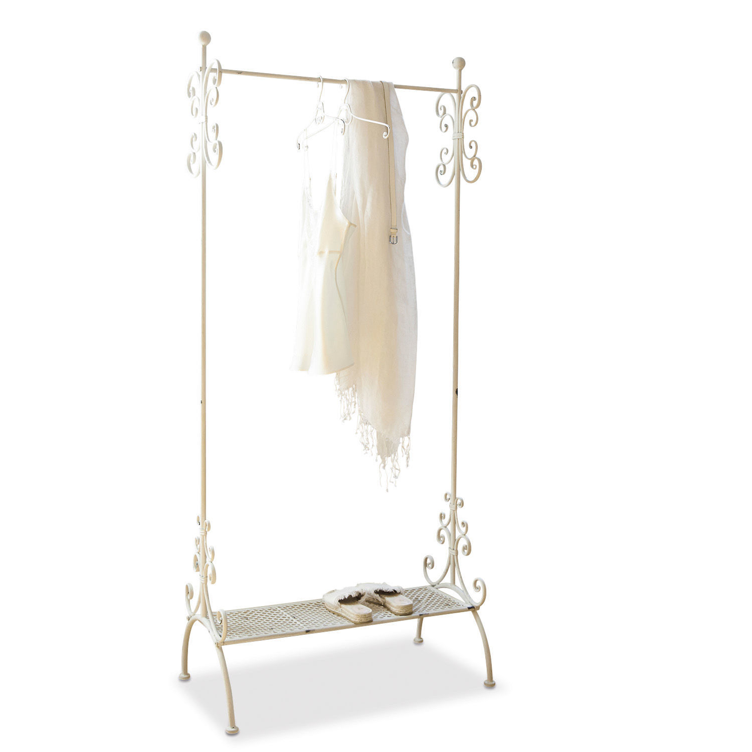 Garderobe Épinay Metall-Kleiderständer in Creme mit dekorativen Details und Schuhablage für den Flur