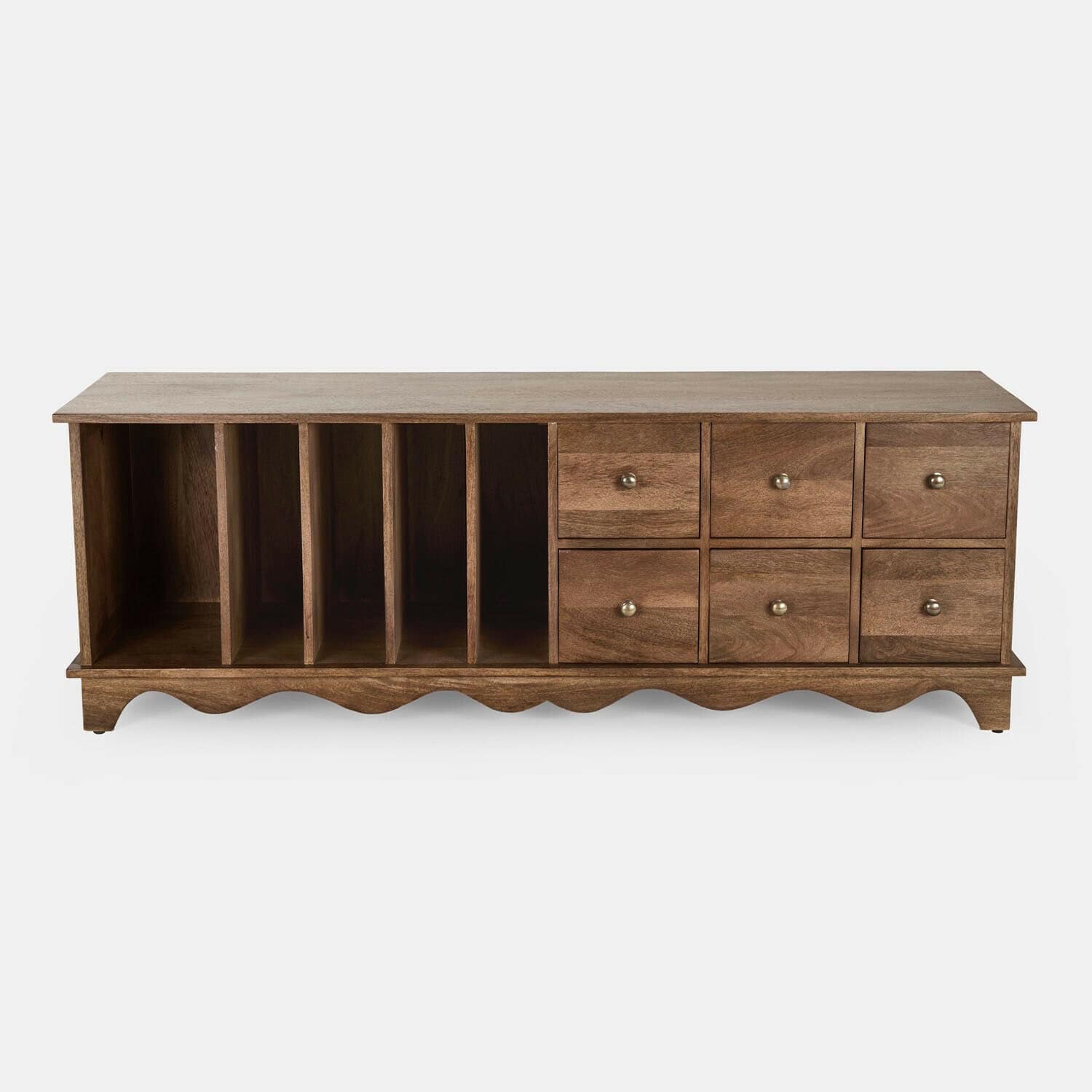 Sideboard Jomilas Holzkommode in Naturholz mit sechs Schubladen und vertikalen Fächern zur Aufbewahrung