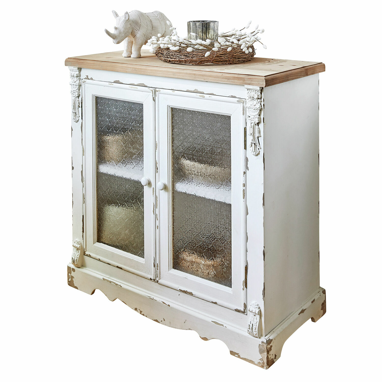 Kommode South Yarmouth Weiße Vintage-Holzkommode mit Glastüren und naturfarbenem Holzplatte, Wohnzimmermöbel