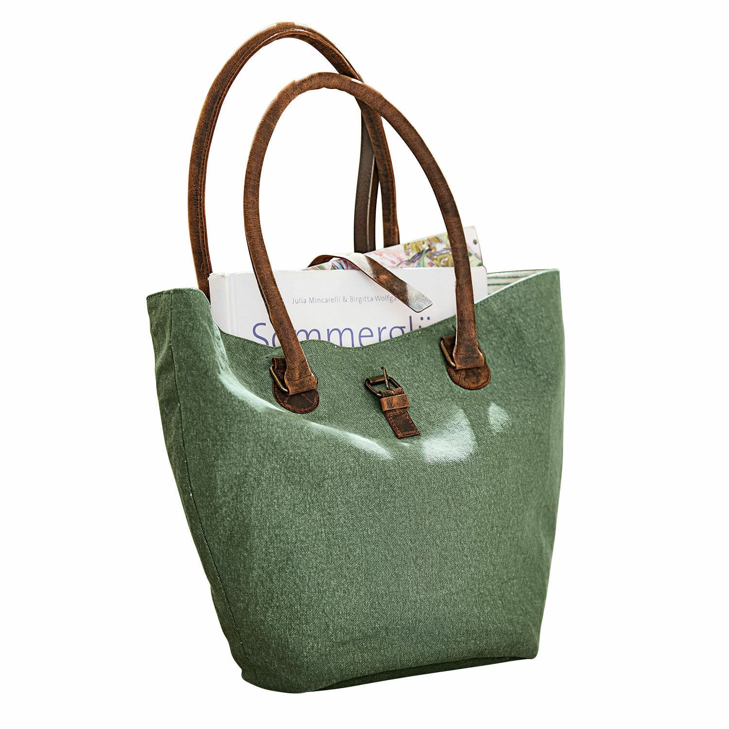 Tasche Ambre Grüne Stofftasche mit braunen Griffen und Schnalle, ideal für Bücher und den Alltag