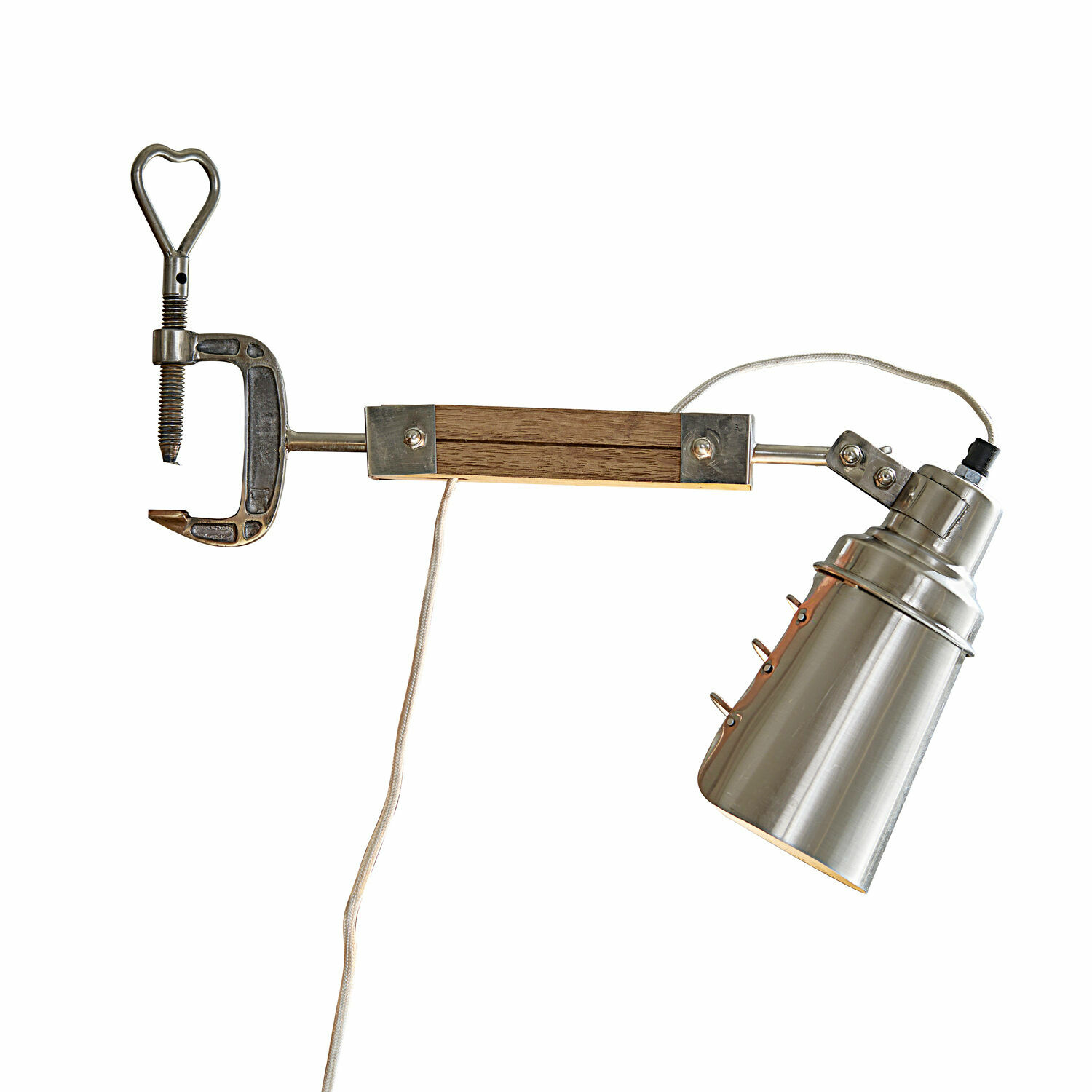 Klemmlampe Lewiston Wandleuchte aus Metall mit Klammer und Holzgriff in Silber zum Befestigen an der Wand