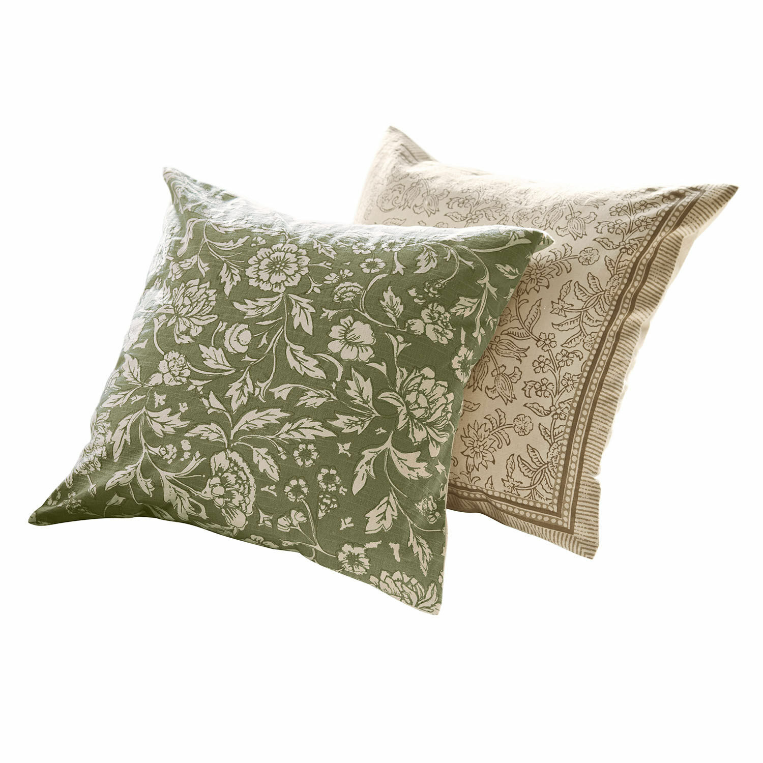 Kissenhülle 2er Set Ovixal Set aus zwei dekorativen Baumwollkissen mit grünen und beigen Blumenmustern für Wohnzimmer