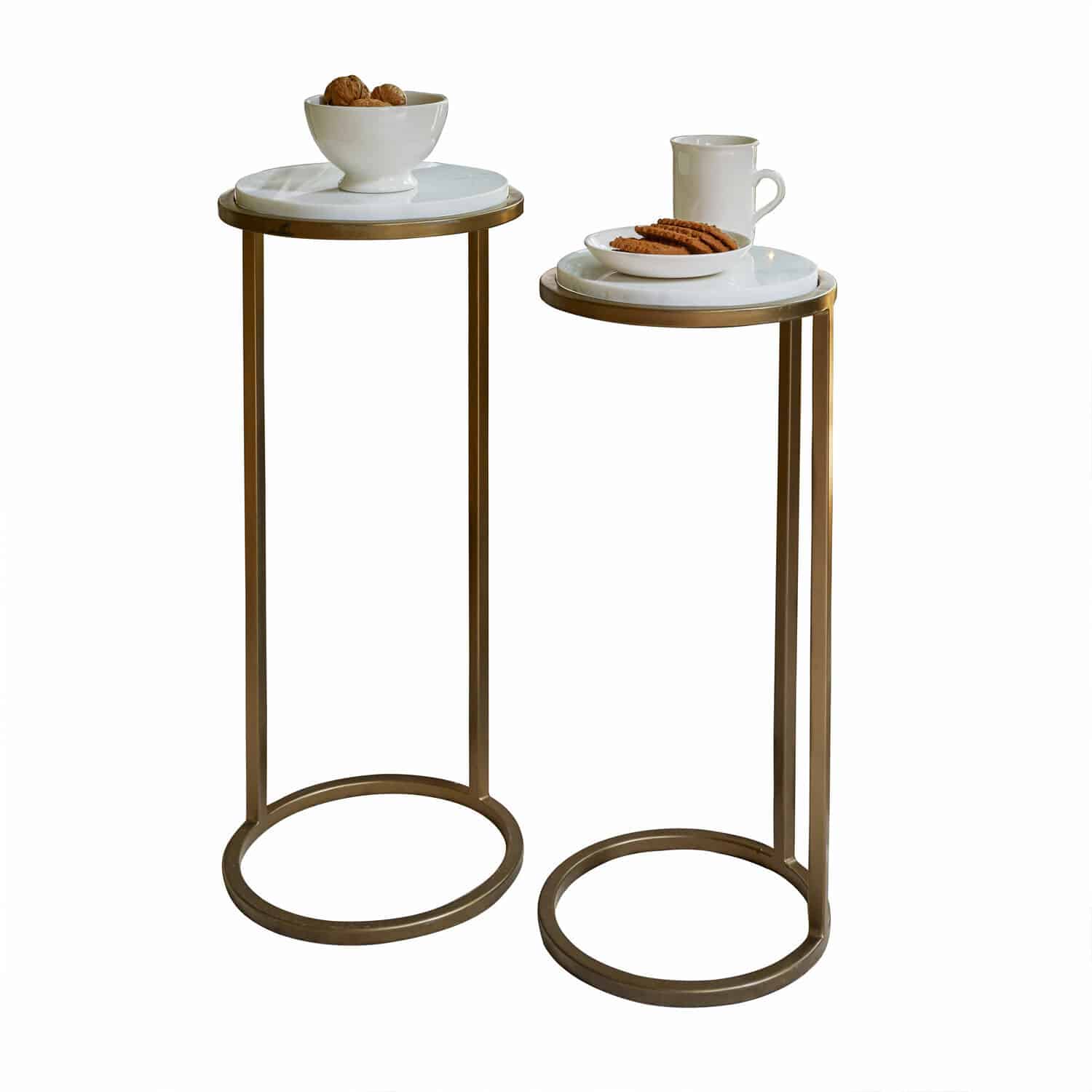 Beistelltisch 2er Set Soréline Zweier-Set Beistelltische mit weißer Marmorplatte und messingfarbenem Metallgestell