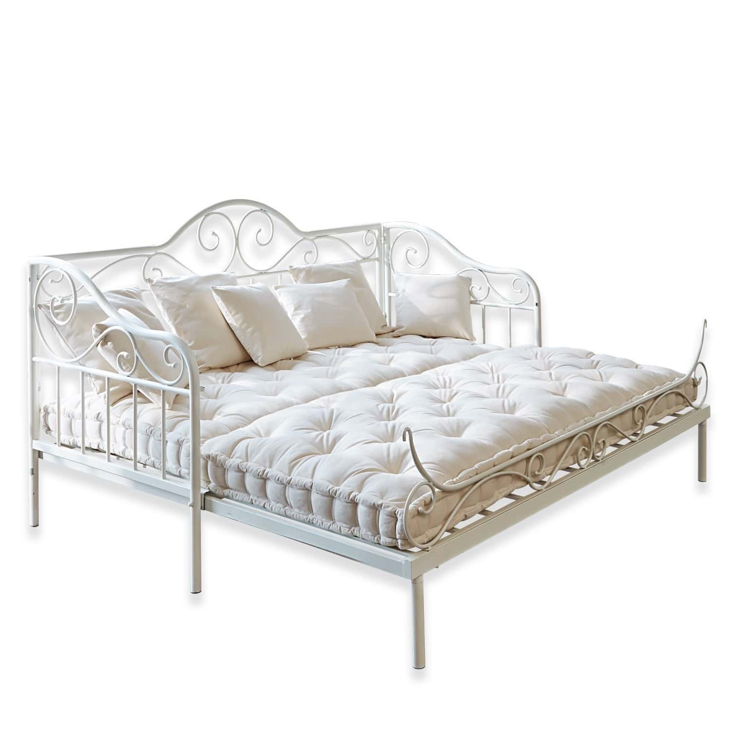 Bettsofa Maditha Weißes Metallbett mit dekorativen Verzierungen und hellem Matratzenpolster, bequem fürs Wohnzimmer