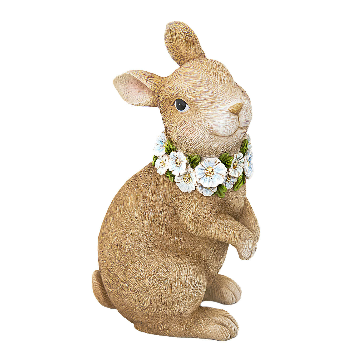 Deko-Hase Ashfordale Braune Hasenfigur aus Kunststoff mit weißem Blumenkranz als Frühlingsdekoration