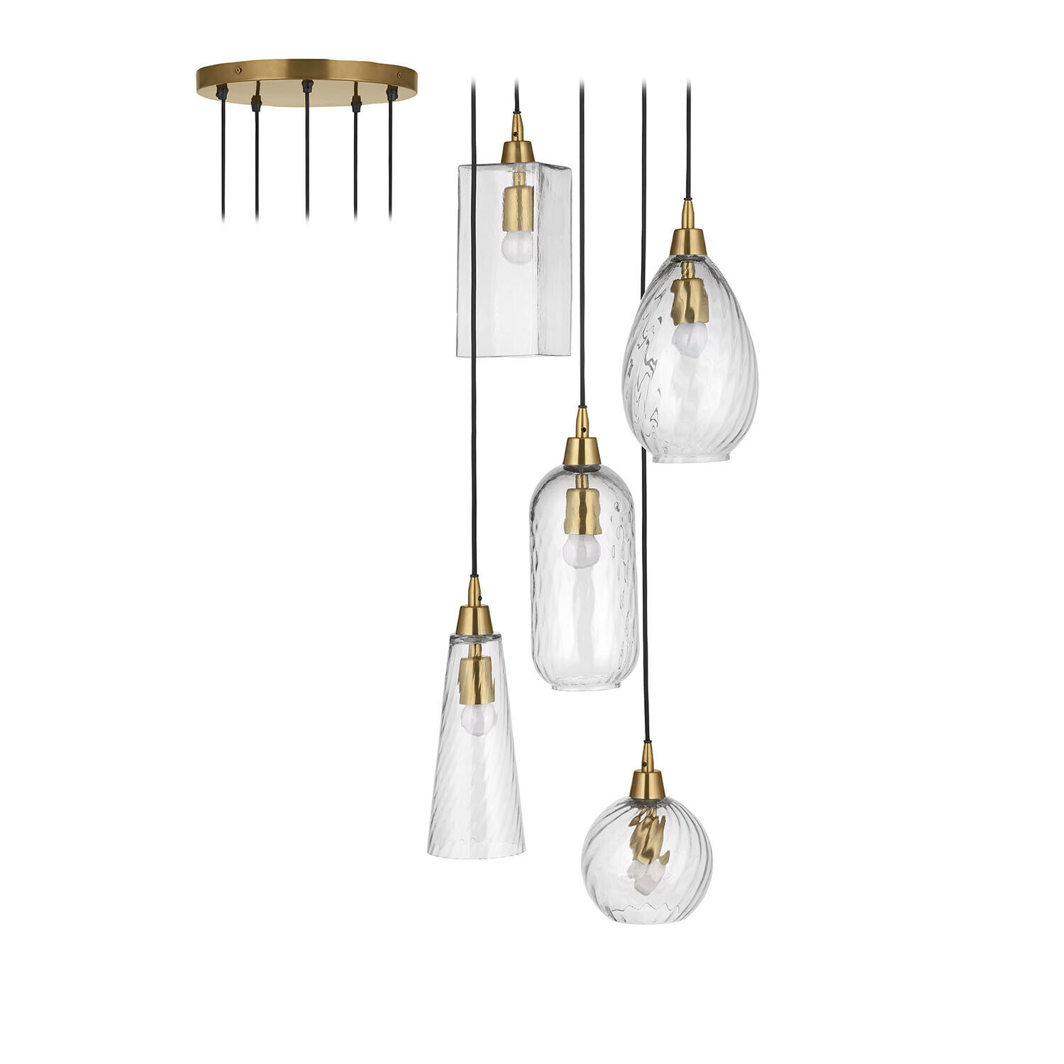 Hängelampe Brightmoor Moderne Pendelleuchte mit fünf Glashüllen und messingfarbenen Details, stilvolle Raumbeleuchtung