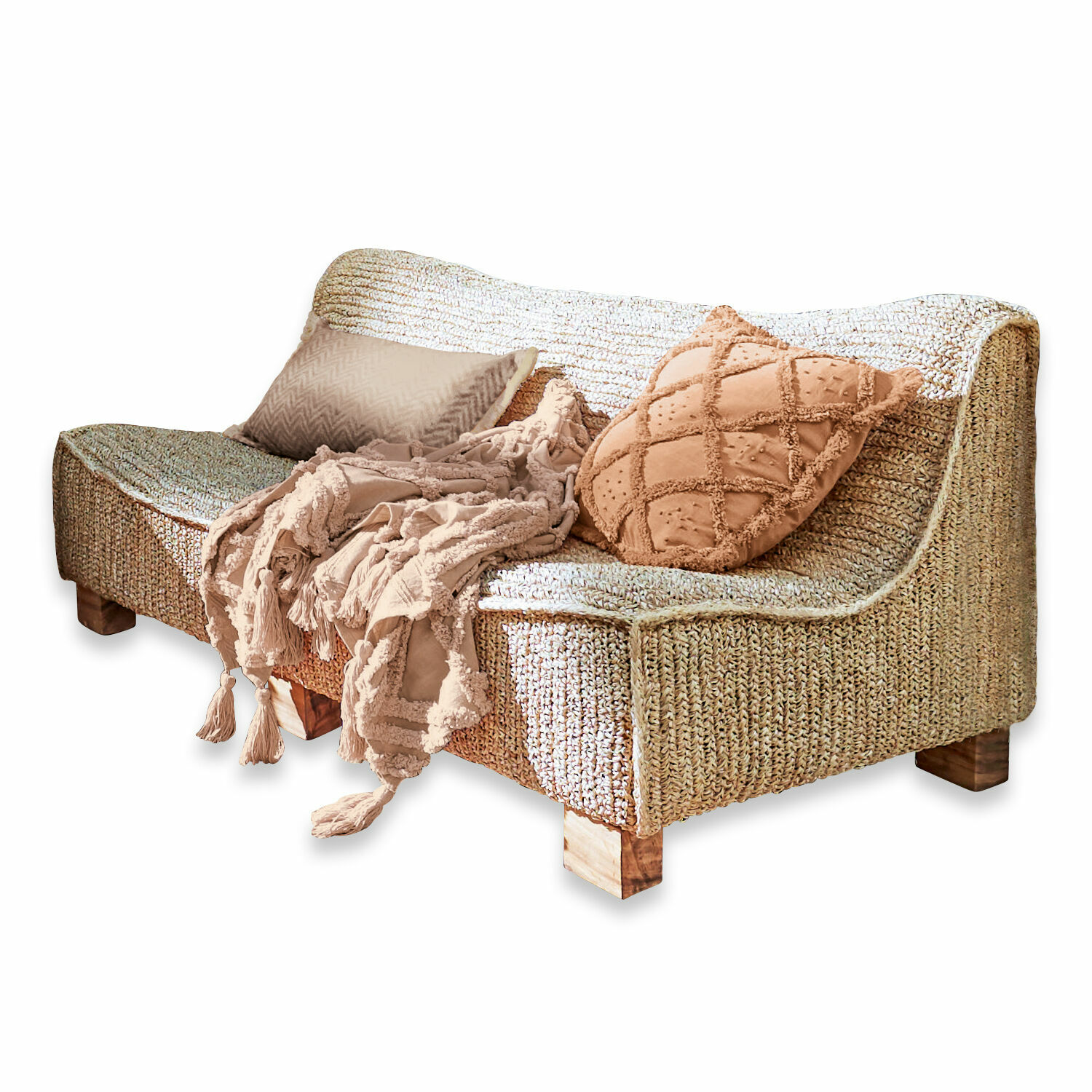 Sofa Bocage Geflochtenes Rattan-Sofa in Naturfarbe mit beiger Decke und Kissen für gemütliches Wohnzimmer