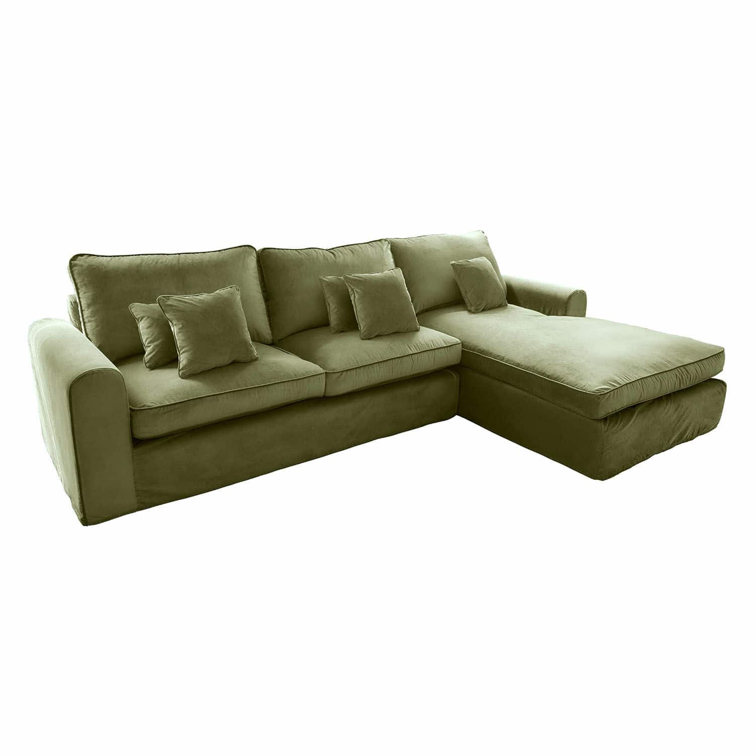 Ecksofa aus grünem Samt mit Kissen, bequeme Polstermöbel für Wohnzimmer