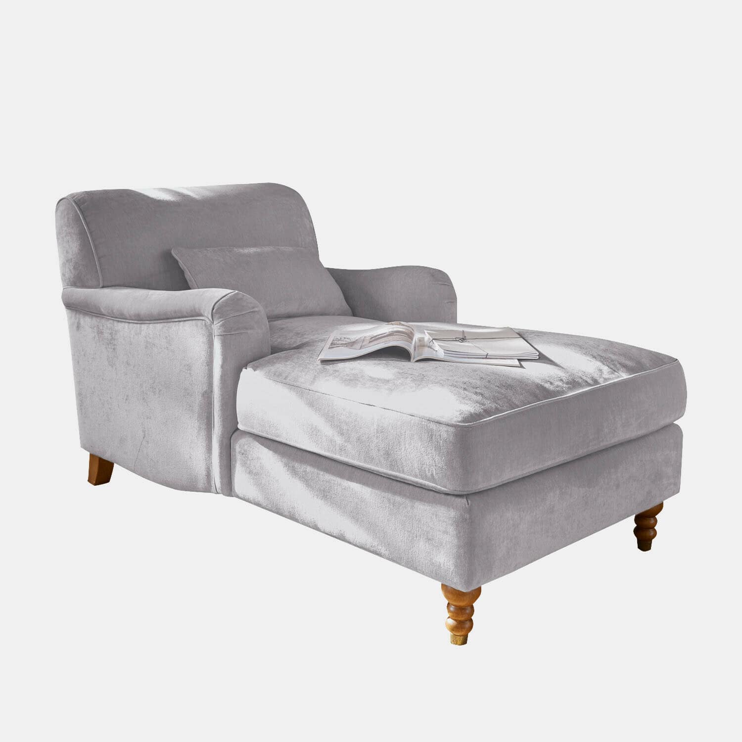 Chaiselongue Isa Graue Chaiselongue aus weichem Stoff mit Holzbeinen, ideal zum Entspannen im Wohnzimmer
