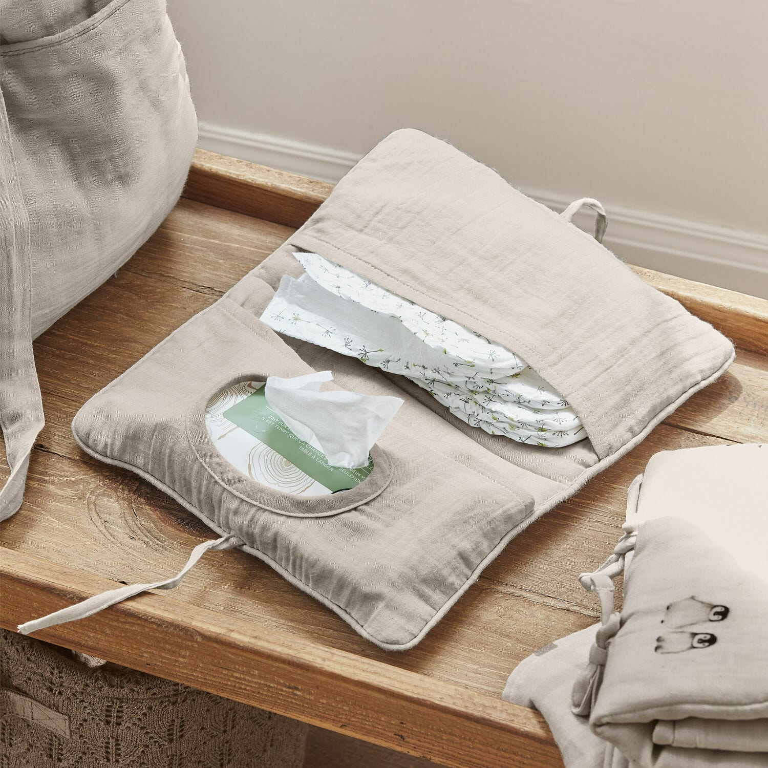 Feuchttücher-Tasche Mireval Beige Baumwoll-Organizer für Windeln und Feuchttücher, praktisch für den Wickeltisch