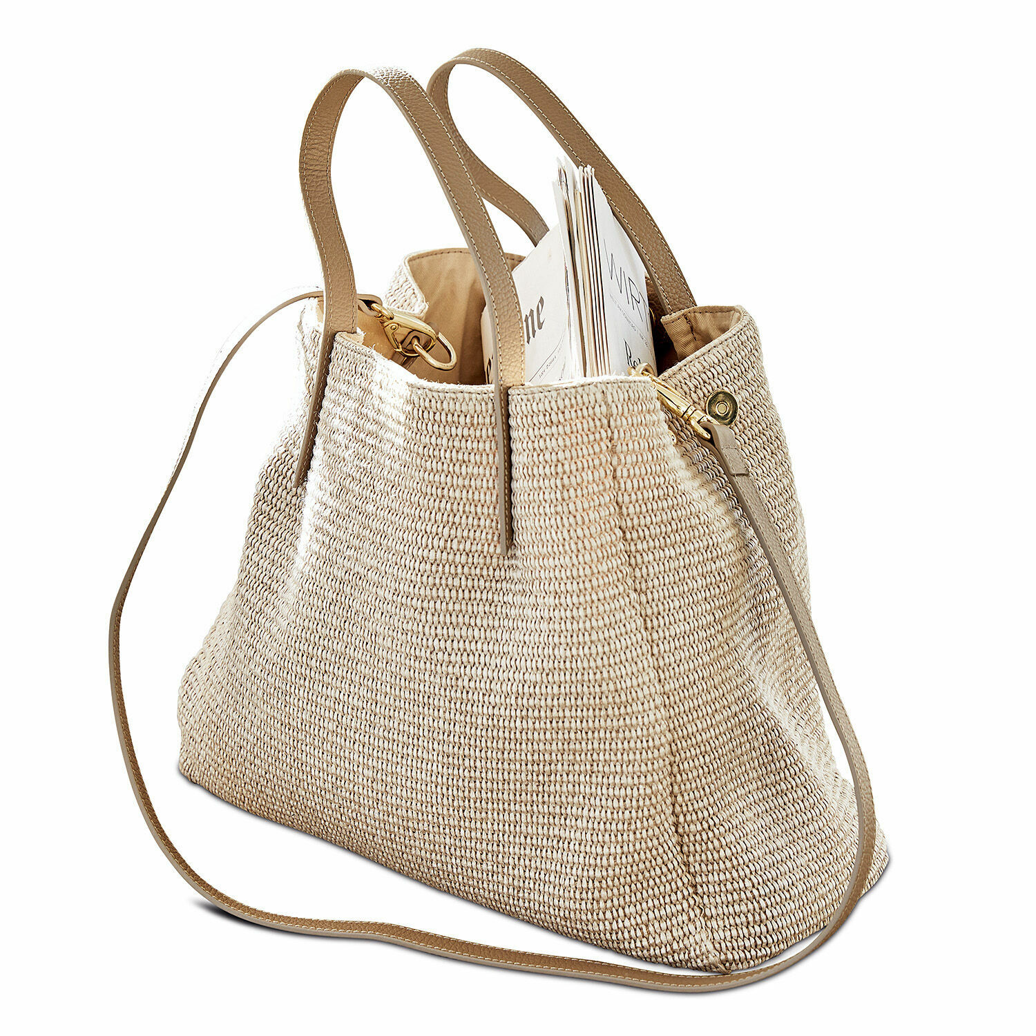 braun Braune Treffrin Tasche aus gewebtem Material mit Schulterriemen und Griffen, praktisch für den Alltag