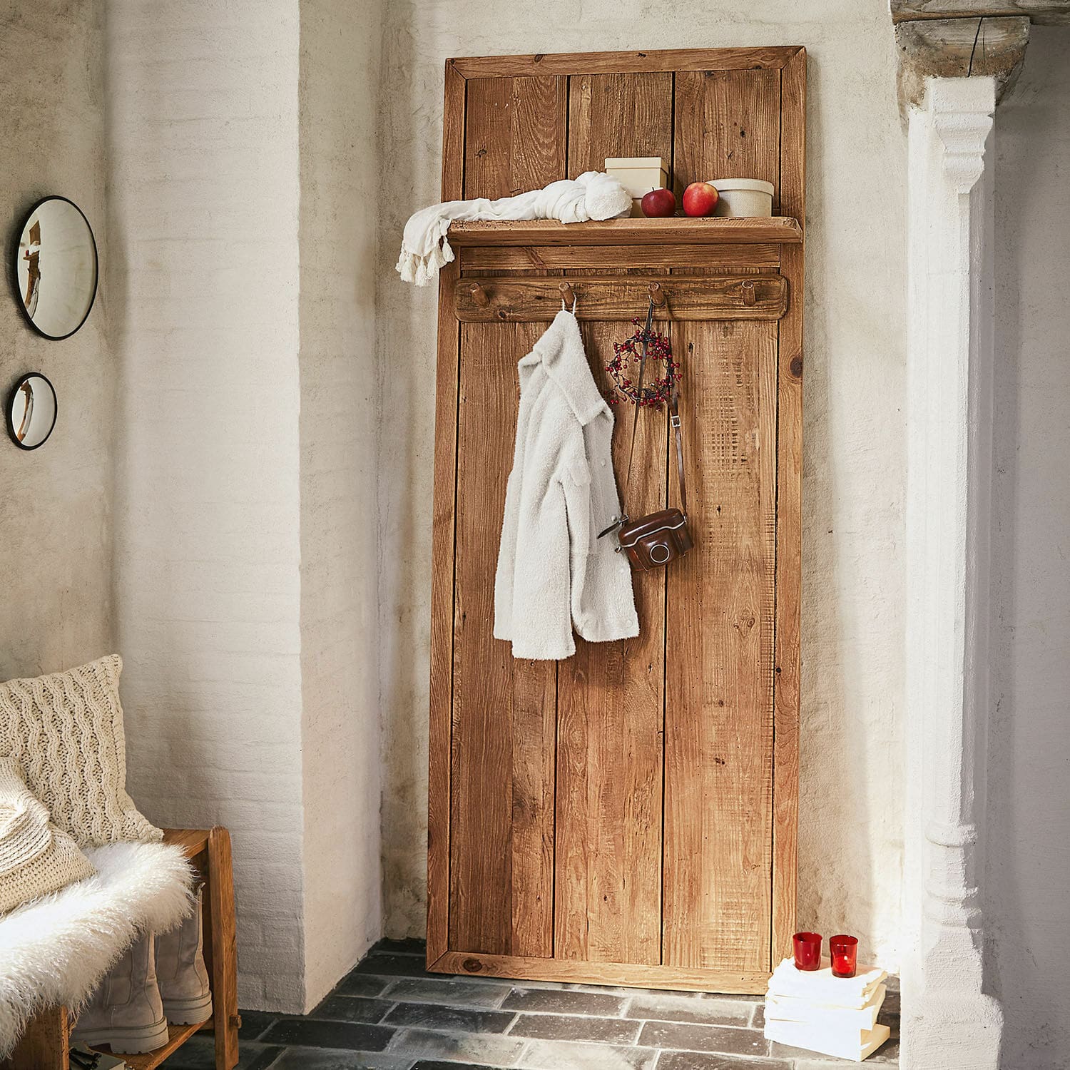 Garderobe Argenteuil Rustikales Holzbrett mit Haken und Ablage in Naturfarbe für den Flur