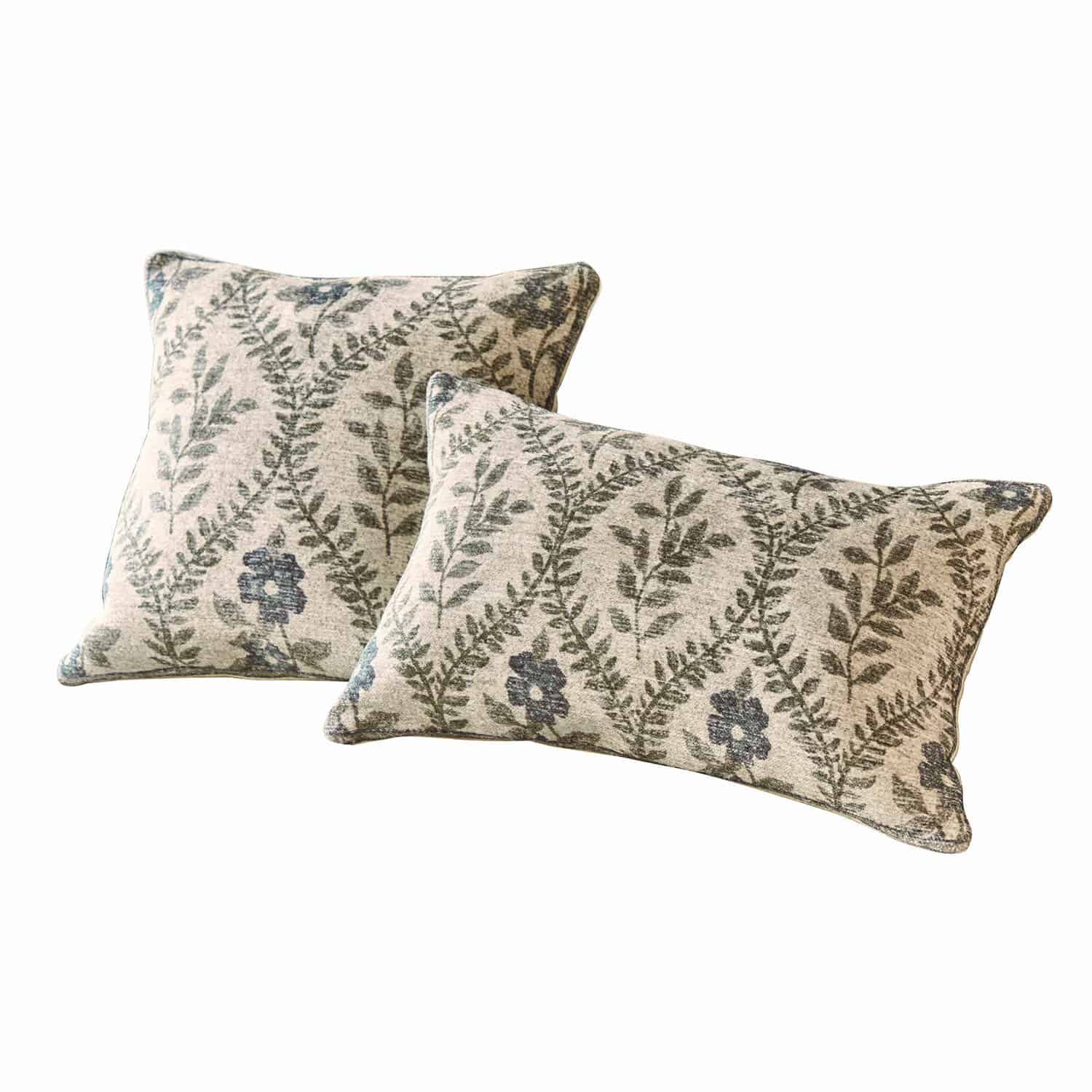 Kissenhülle 2er Set Vellouris Set aus zwei dekorativen Baumwollkissen in Beige mit grünen und blauen Pflanzenmustern für Wohnzimmer