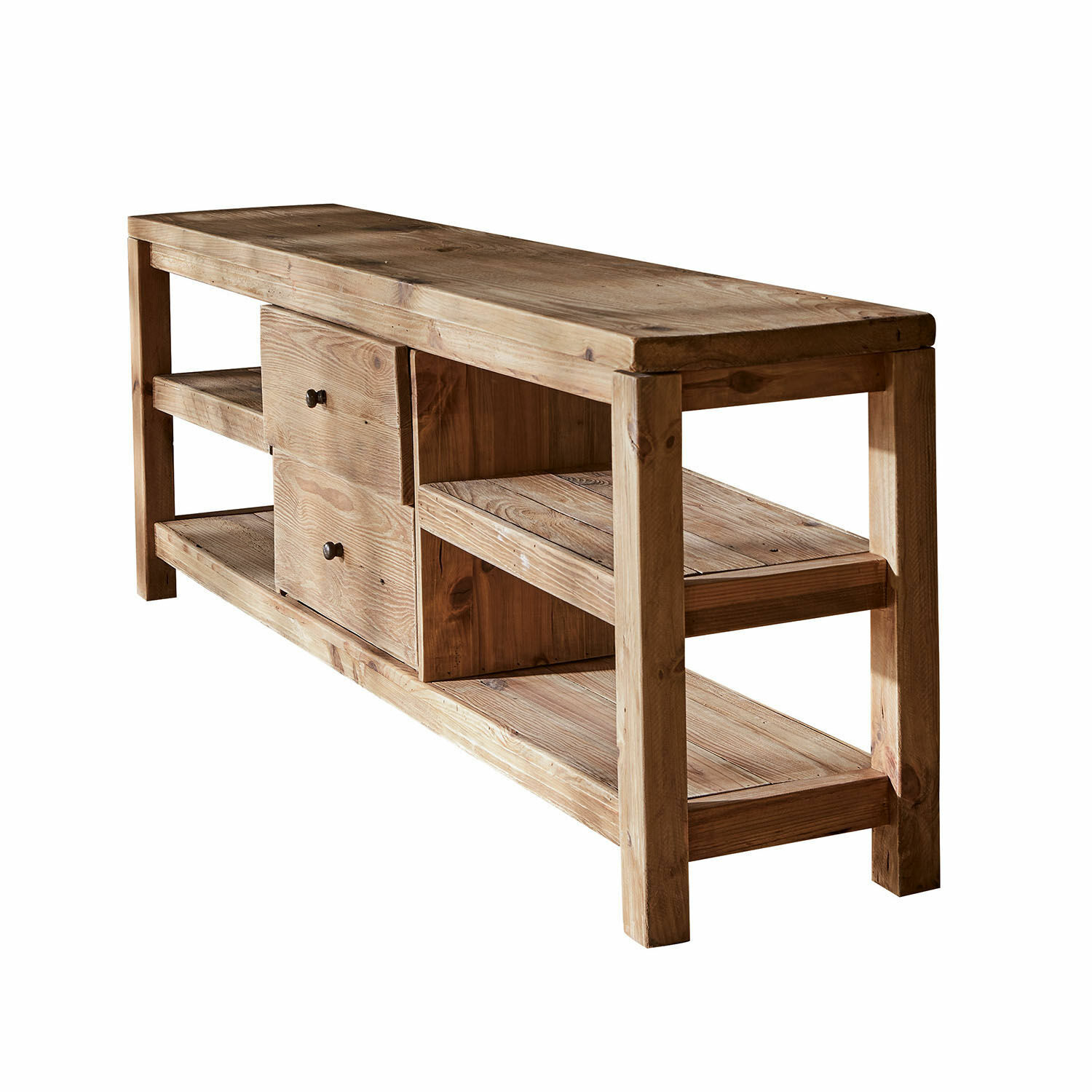 Sideboard Ainvelle Massive Holzbank mit Regalen und Schubladen in natürlicher Farbe, Möbelstück aus Holz