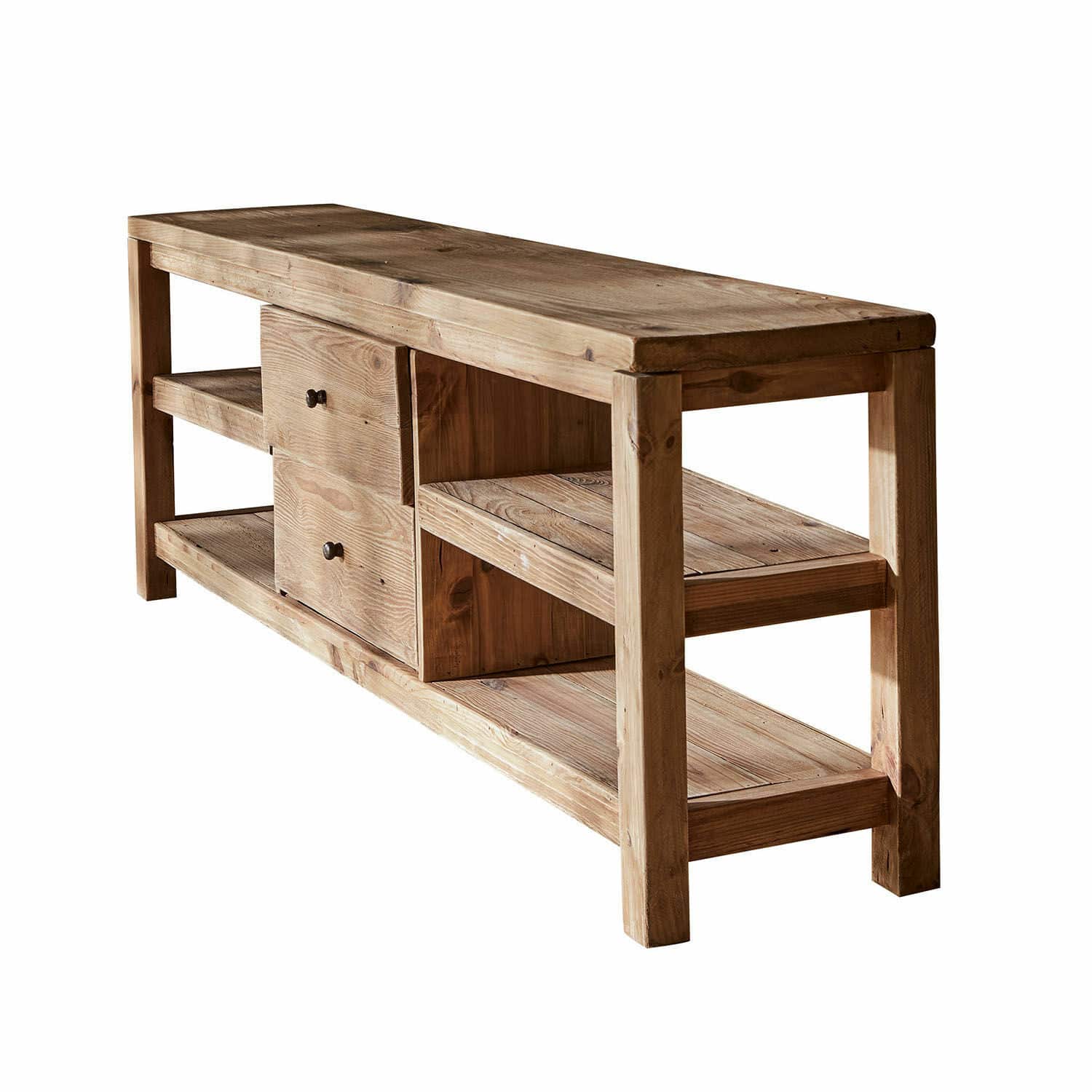Sideboard Ainvelle Massive Holzbank mit Regalen und Schubladen in natürlicher Farbe, Möbelstück aus Holz