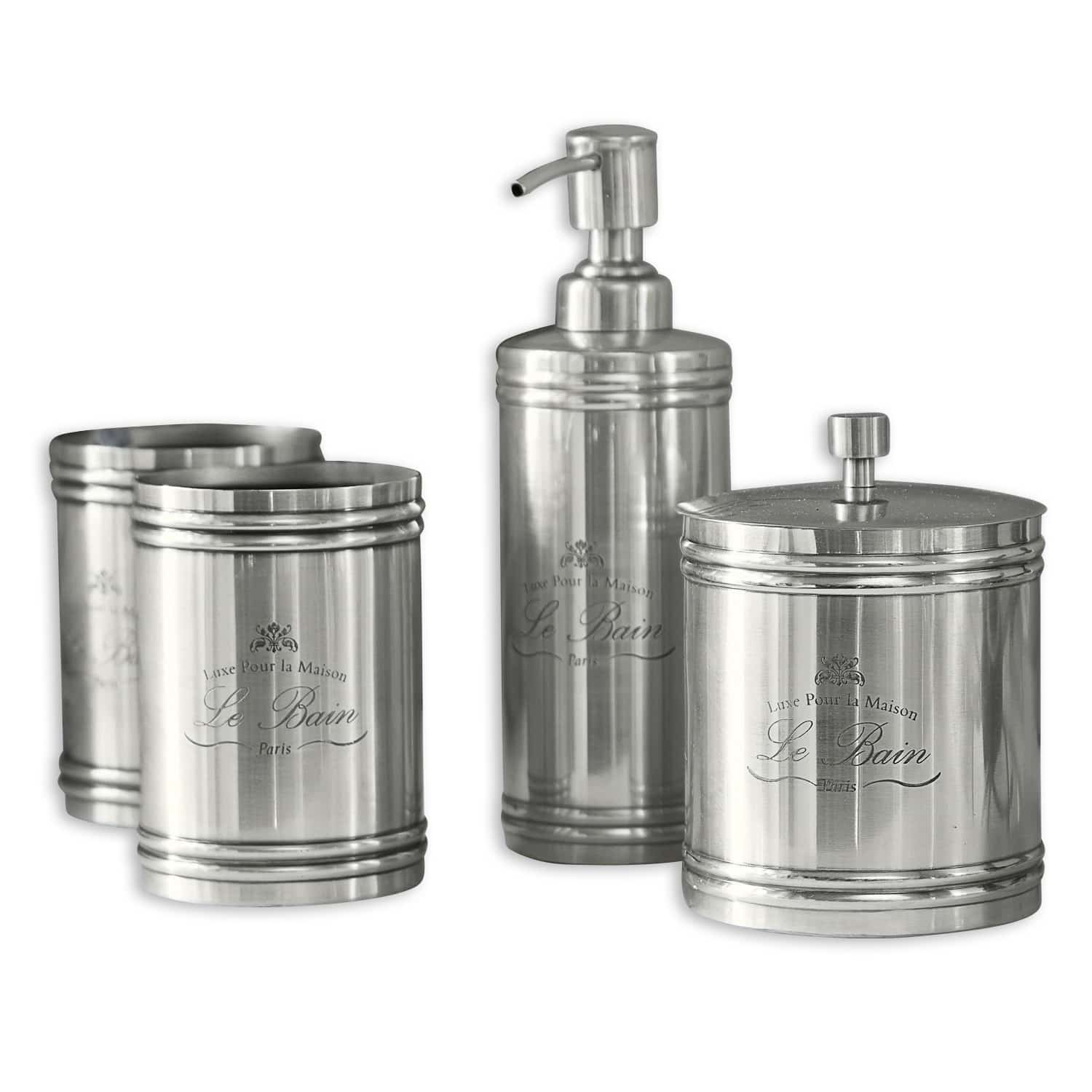 Bad-Set Le Bain Badezimmer-Set aus silbernem Edelstahl mit Spender und Behältern für Kosmetikartikel
