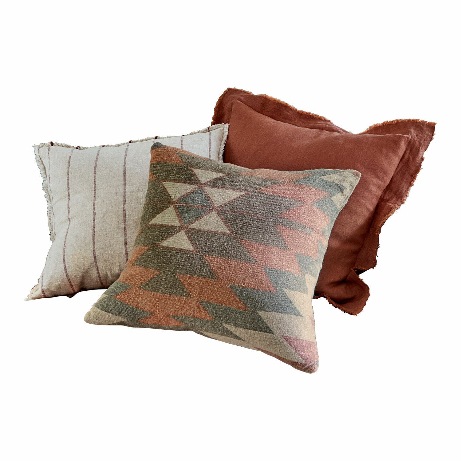 Kissenhülle 3er Set Florentin Drei dekorative Kissen aus Stoff in warmen Beige-, Braun- und geometrischen Mustertönen