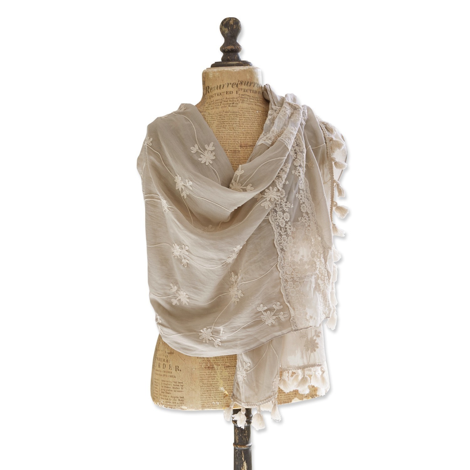 Schal Eloise Beiger Schal aus leichtem Stoff mit Stickerei und Spitze, modisches Accessoire