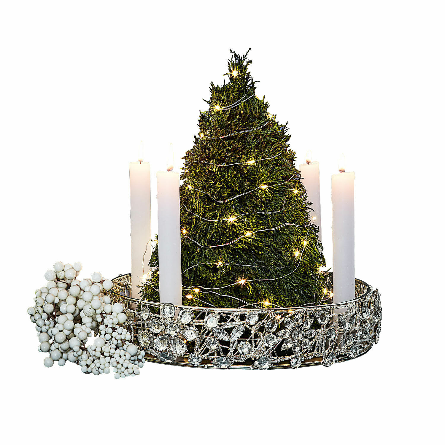 Kerzenhalter Hope Weihnachtlicher Kerzenhalter mit weißen Kerzen und grünem Tannenbaum mit LED-Lichterkette