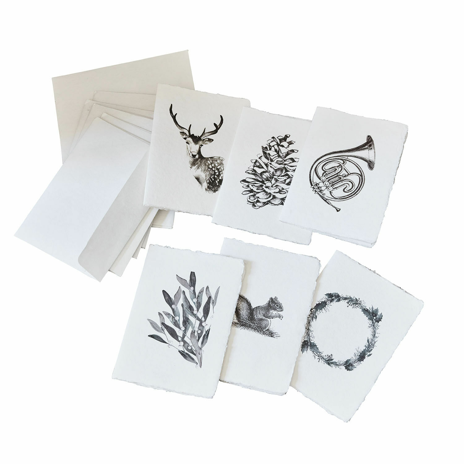 Grußkarten 6er Set Previa Set weißer Karten mit Hirsch-, Zapfen-, Eichhörnchen- und Kranzmotiven auf Künstlerpapier