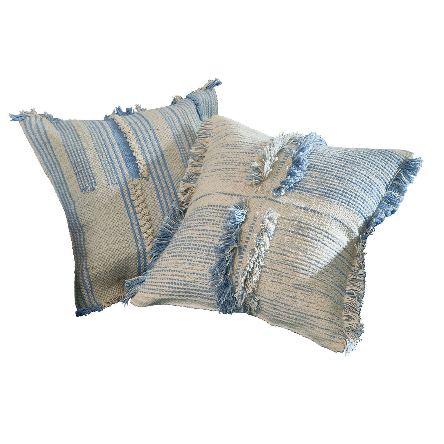 Kissenhülle 2er Set Ciel d'Azur Zwei dekorative Baumwollkissen in Creme-Blau mit Streifen und Fransen, weich und stilvoll