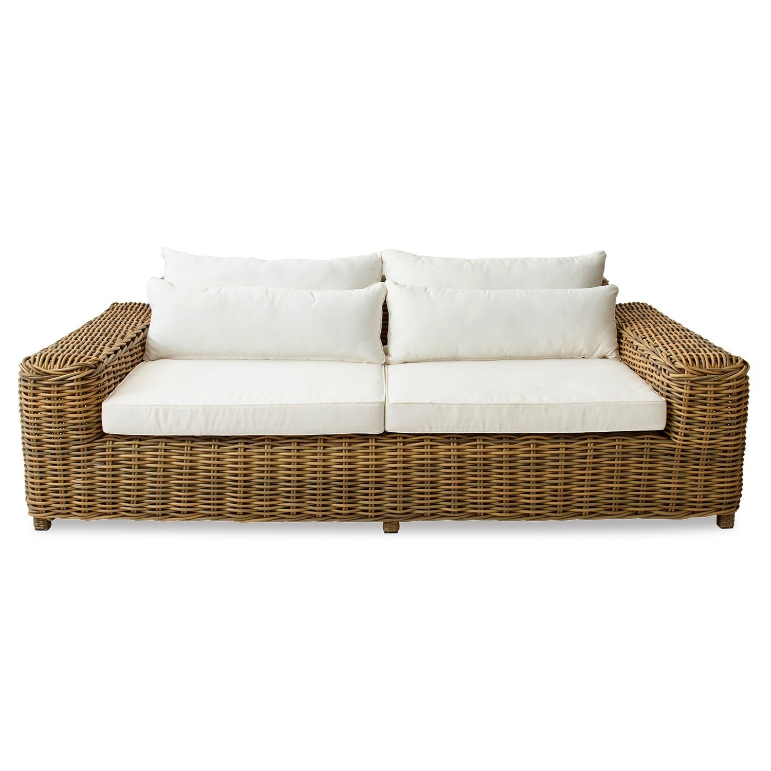 Sofa Camas Rattansofa mit weißen Kissen, gemütliches Sitzmöbel für Wohnzimmer oder Garten