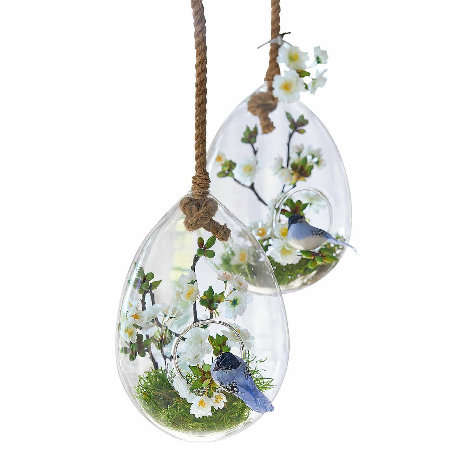 Glas-Ei 2er Set Noam Hängende Glasdekorationen mit weißen Blüten und blauem Vogel an Juteseil für Wohn- und Gartenbereich
