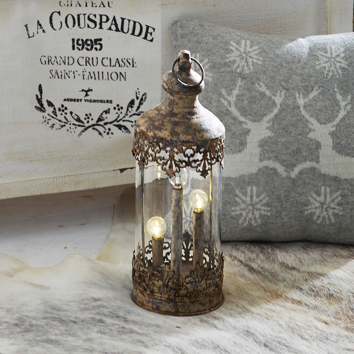 Laterne Cosette Dekorativer Laternenleuchter aus Metall und Glas im Vintage-Stil, braun, für Innen- und Außenbereich