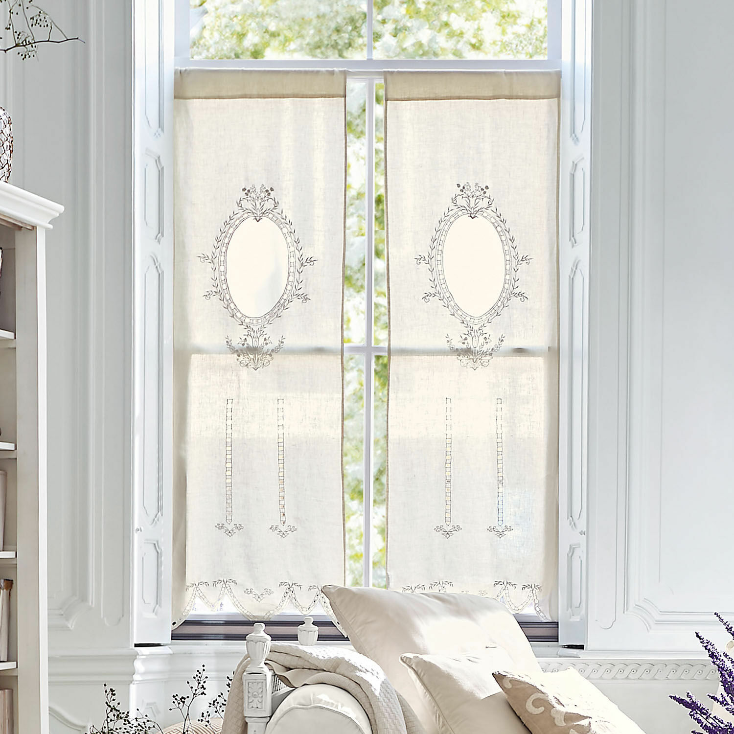 Gardine Loiret Beige Leinen-Vorhänge mit feiner Stickerei und dekorativem Muster für Wohnzimmer, Fensterdeko
