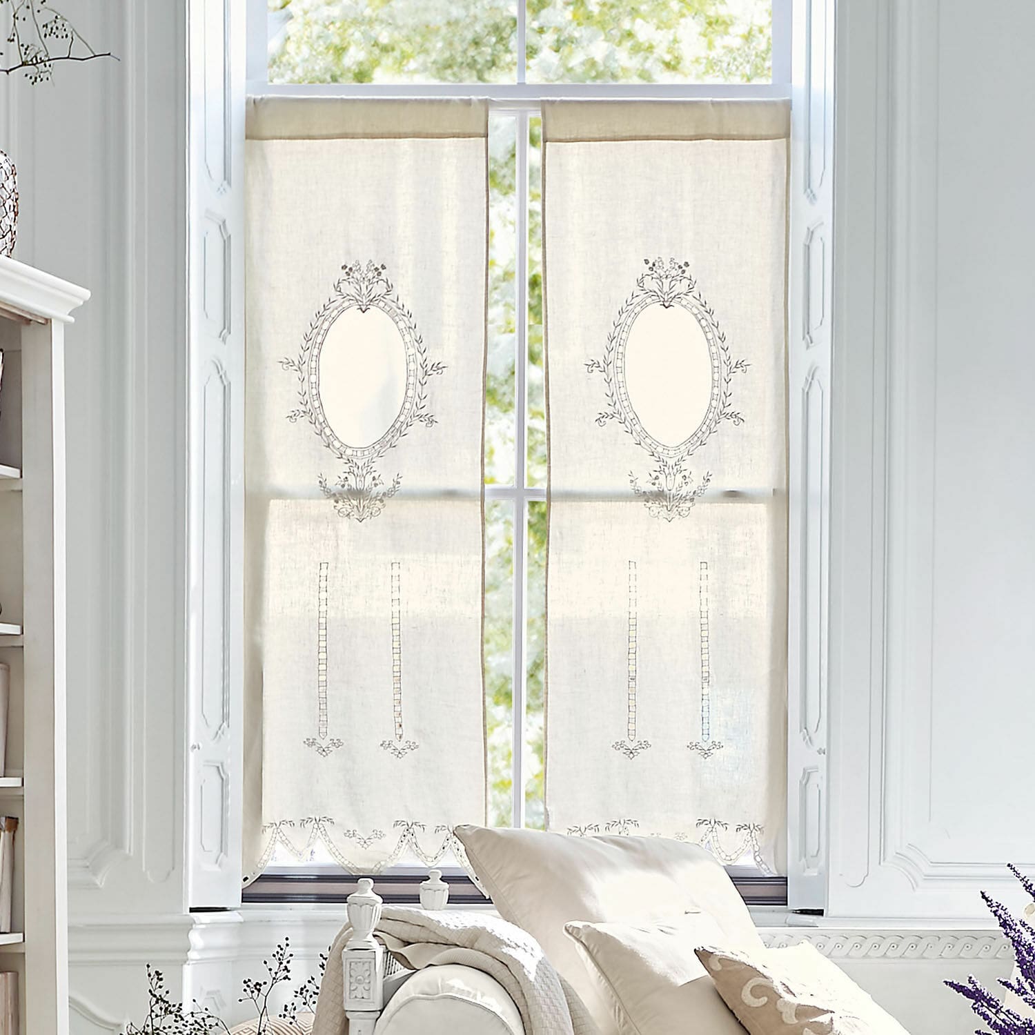 Gardine Loiret Beige Leinen-Vorhänge mit feiner Stickerei und dekorativem Muster für Wohnzimmer, Fensterdeko