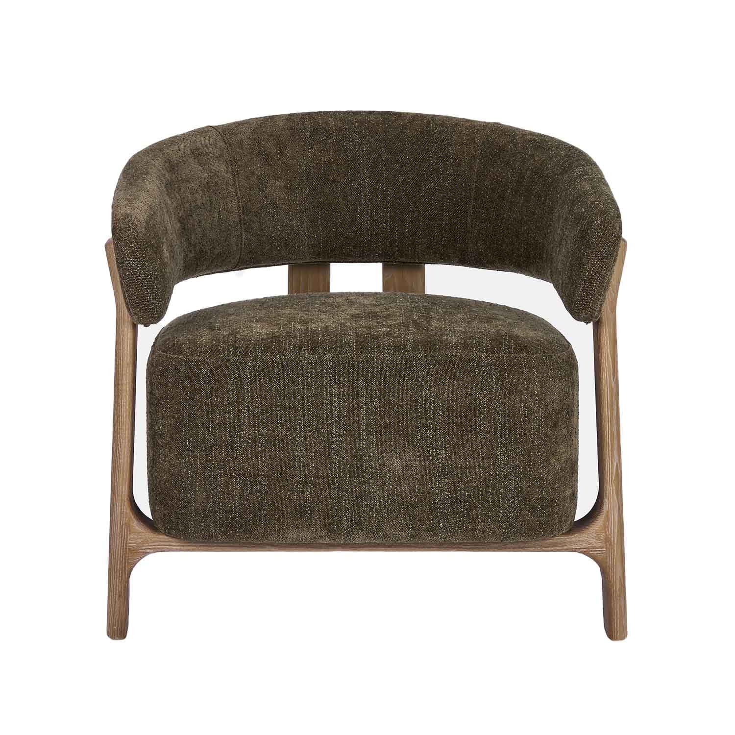 Sessel mit dunkelgrünem Polstersitz und Rückenlehne auf Holzrahmen, modernes Design für Wohnzimmer
