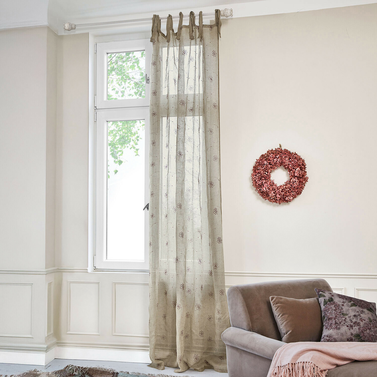 Gardine Amélorie Transparenter beiger Leinenvorhang mit Blumenmuster zur Fensterdekoration im Wohnzimmer