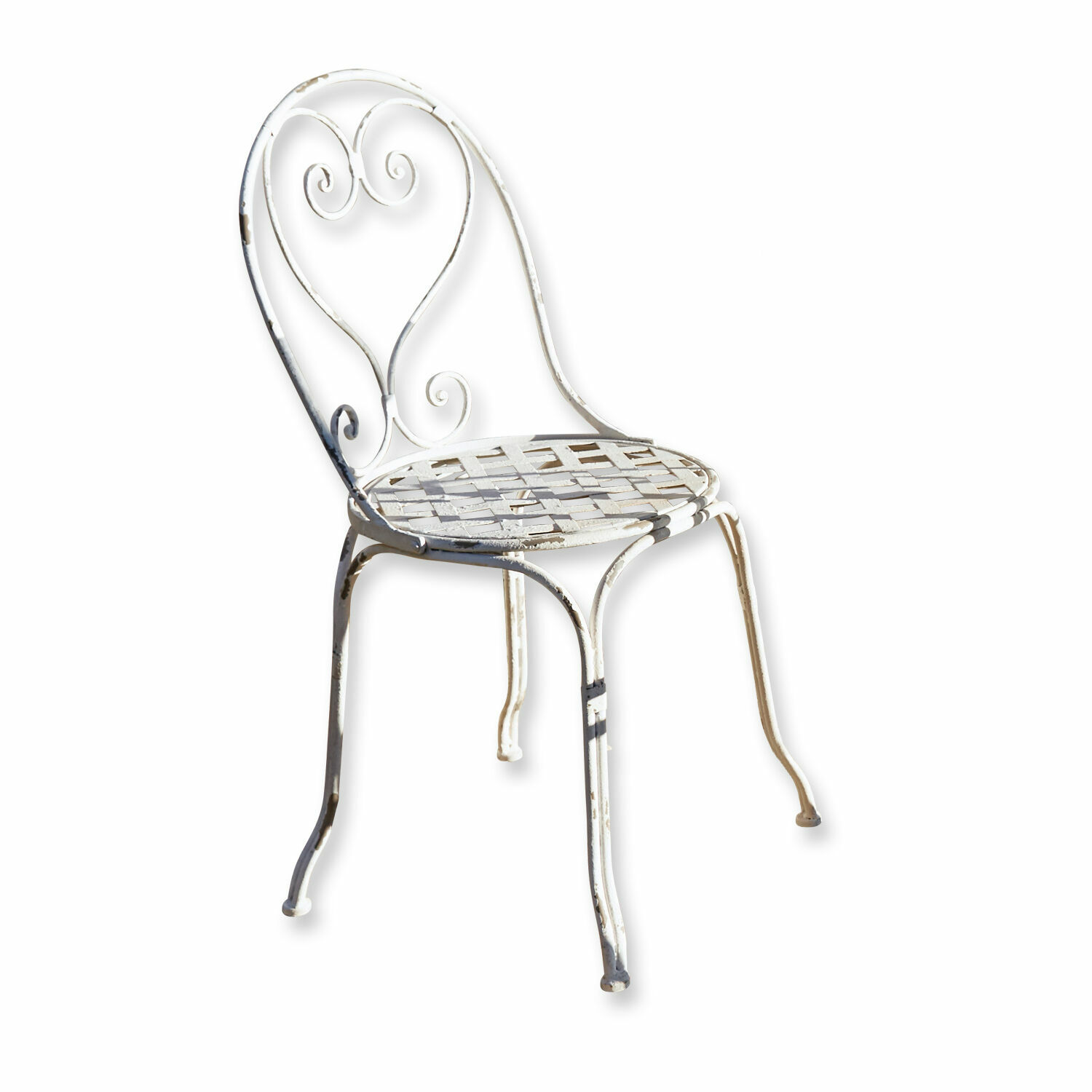 Stuhl Aube Weißer Metall-Gartenstuhl mit geflochtenem Sitz und dekorativer Rückenlehne im Vintage-Stil