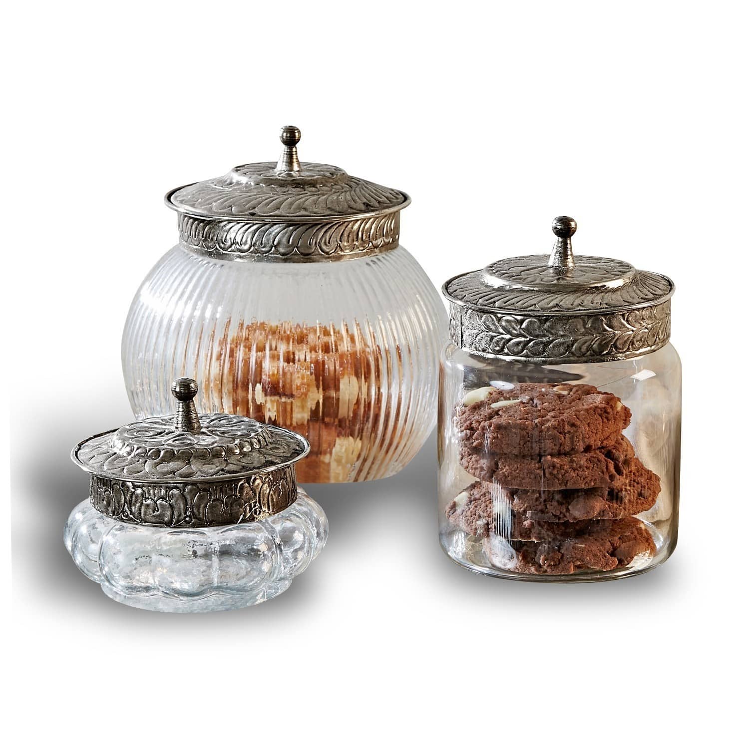 Dose 3er Set Plévin Drei Glasbehälter mit verzierten Metalldeckeln zur Aufbewahrung von Keksen und Snacks