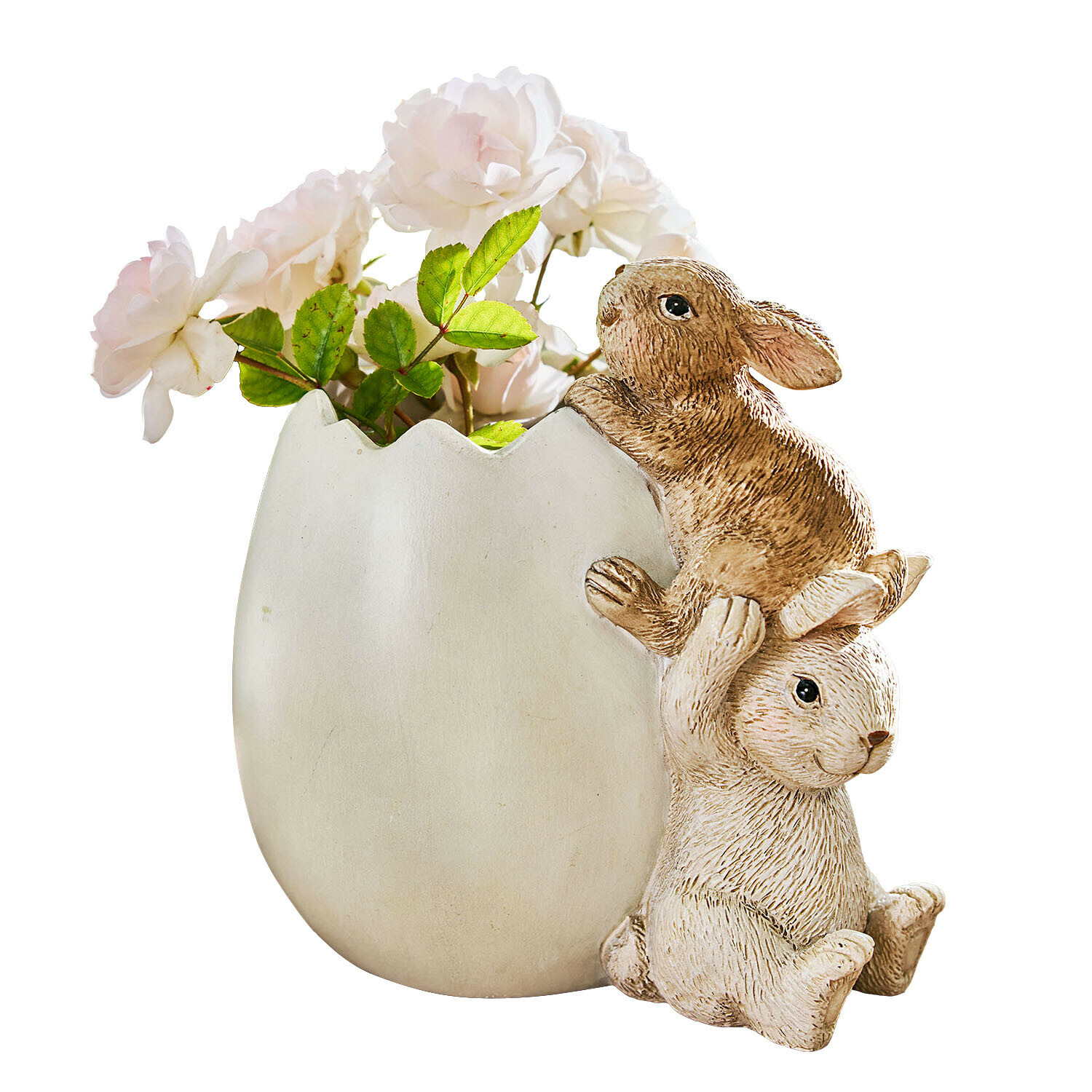 Weißer Keramikvase in Eierschalenform mit zwei braunen Hasen und rosa Blumen