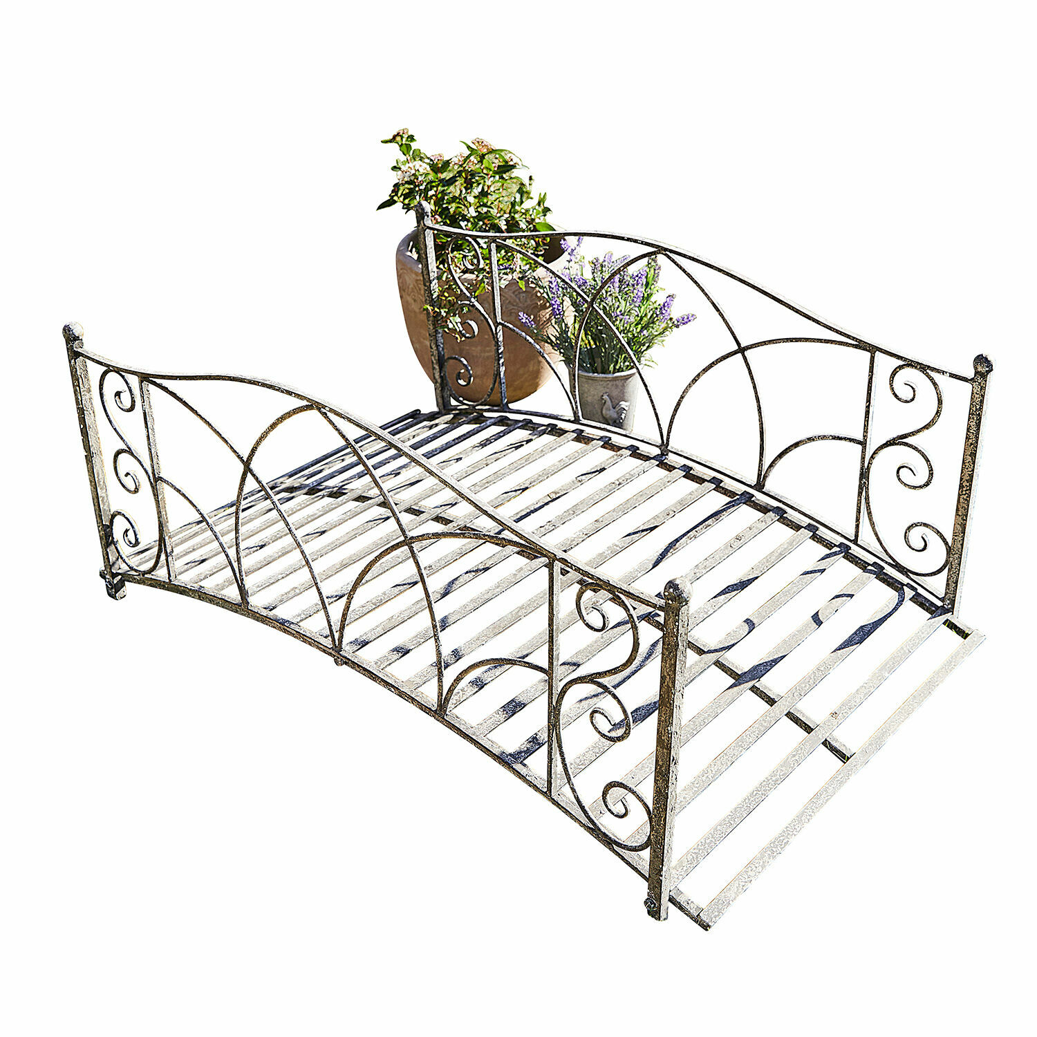 Deko-Brücke Escàs Vintage Metall-Gartenbank mit dekorativen Verzierungen und Platz für Pflanzen