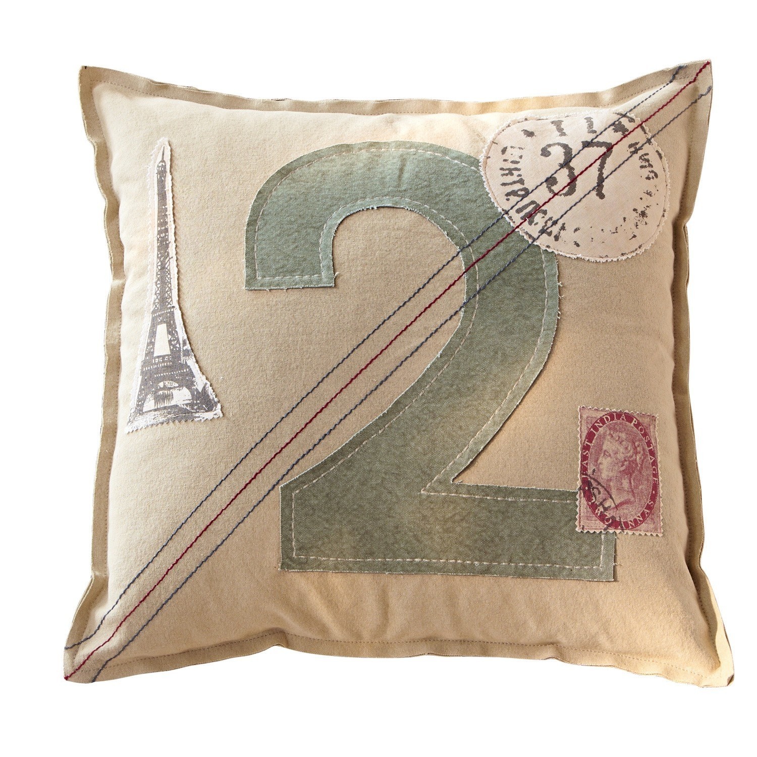 Kissen Clark Beiges Dekokissen aus Baumwolle und Leinen mit Zahl 2 und Paris-Motiven für Wohnzimmer