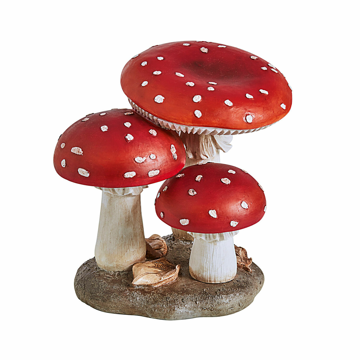 Deko-Pilz Lupton Dekorative Figur mit drei roten Fliegenpilzen mit weißen Punkten auf brauner Basis mit Blättern