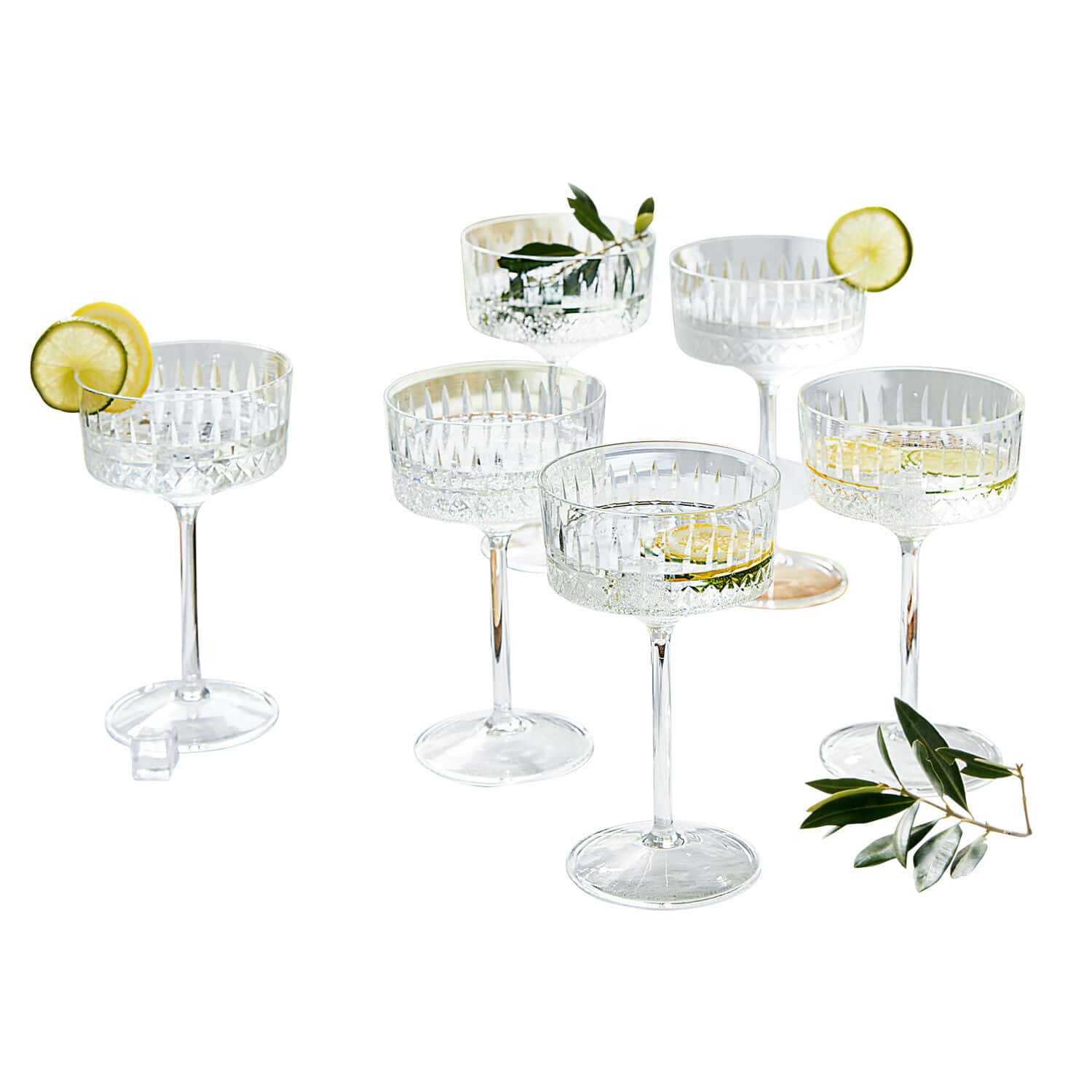 Sektglas 6er Set Deion Sechsteiliges Set Kristall-Cocktailgläser mit Zitronenscheiben und grünen Blättern dekoriert