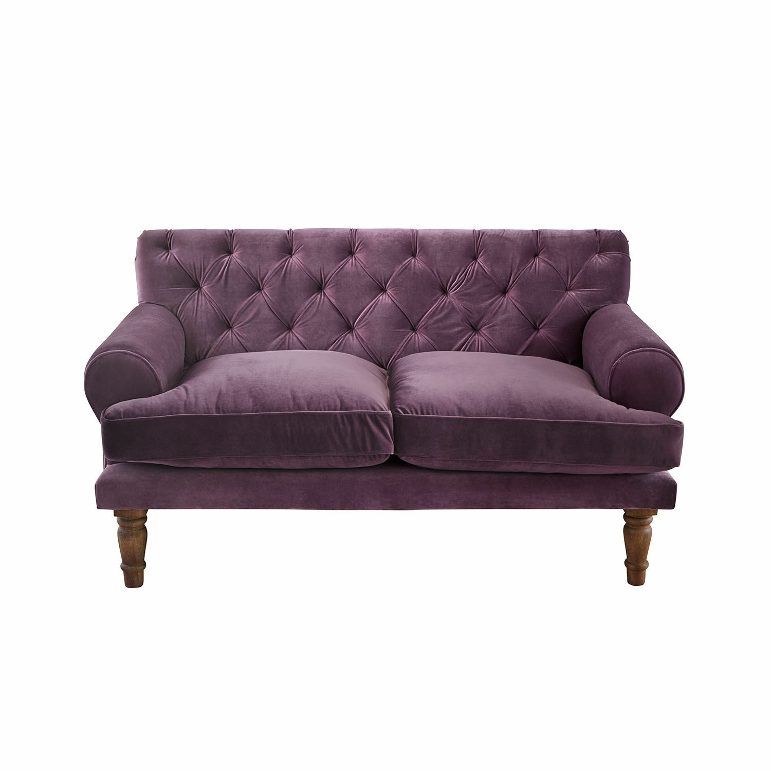 lila Lila Samtsofa mit gesteppter Rückenlehne und Holzbeinen, elegantes Wohnzimmermöbel